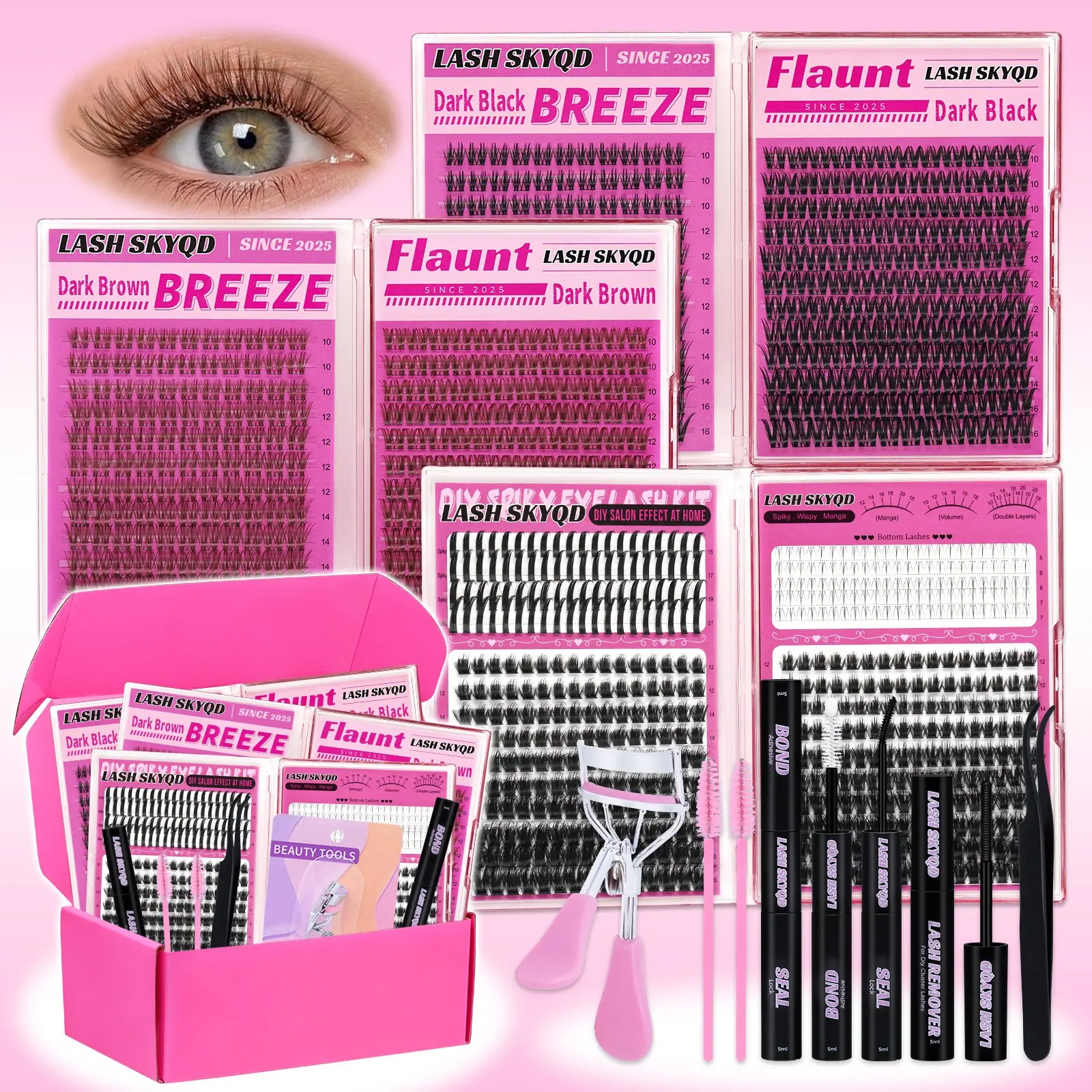 1024 Pcs D Curl Eyelash Clusters Set, Mixed 5-21mm 8 Styles Bottom/Spike/Wipsy/Mega Lashes Brown&Black Lashes, Kit with Bond&Seal Remover Tweezers Eyelash Curler Lash Brush, DIY at Home Easily, Easy Apply for Makeup Daily, Lash Extension Set