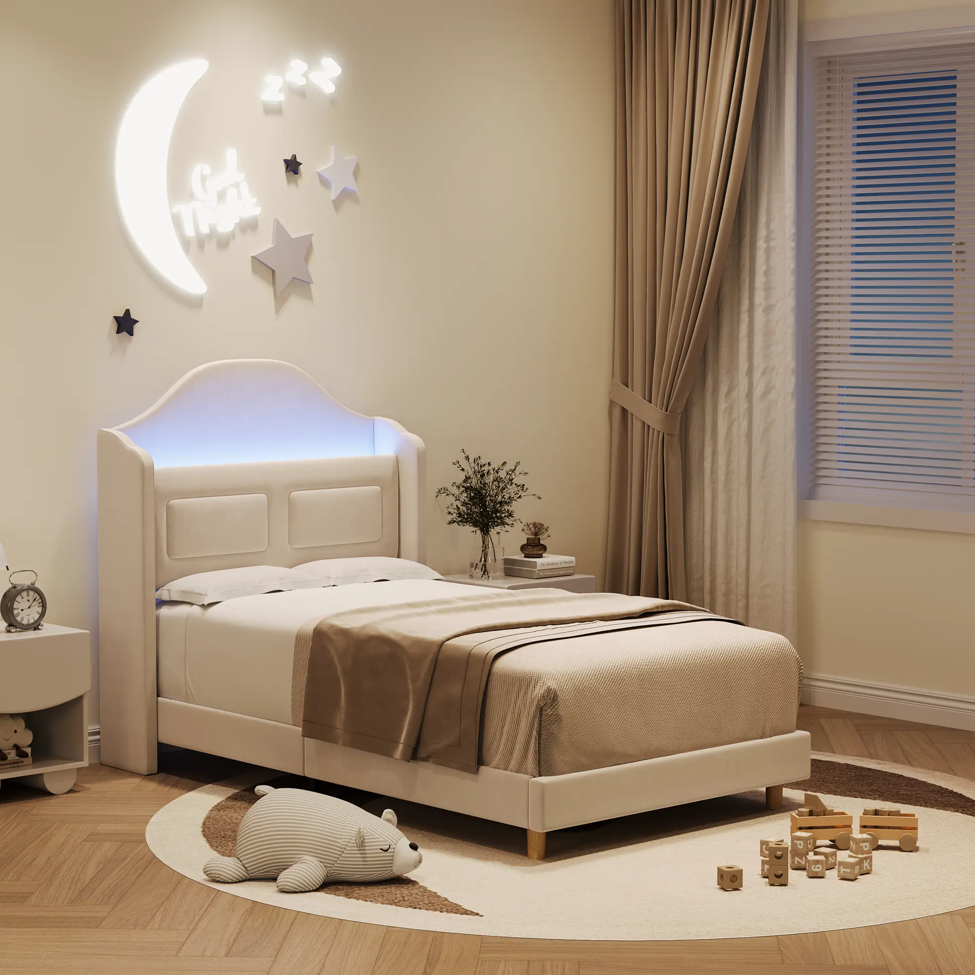 Upholstered Velvet Twin Bed for Kids – Wingback Bookcase Headboard, LED Lights, Storage, Wooden Slats, Noise-Free, Easy Assembly