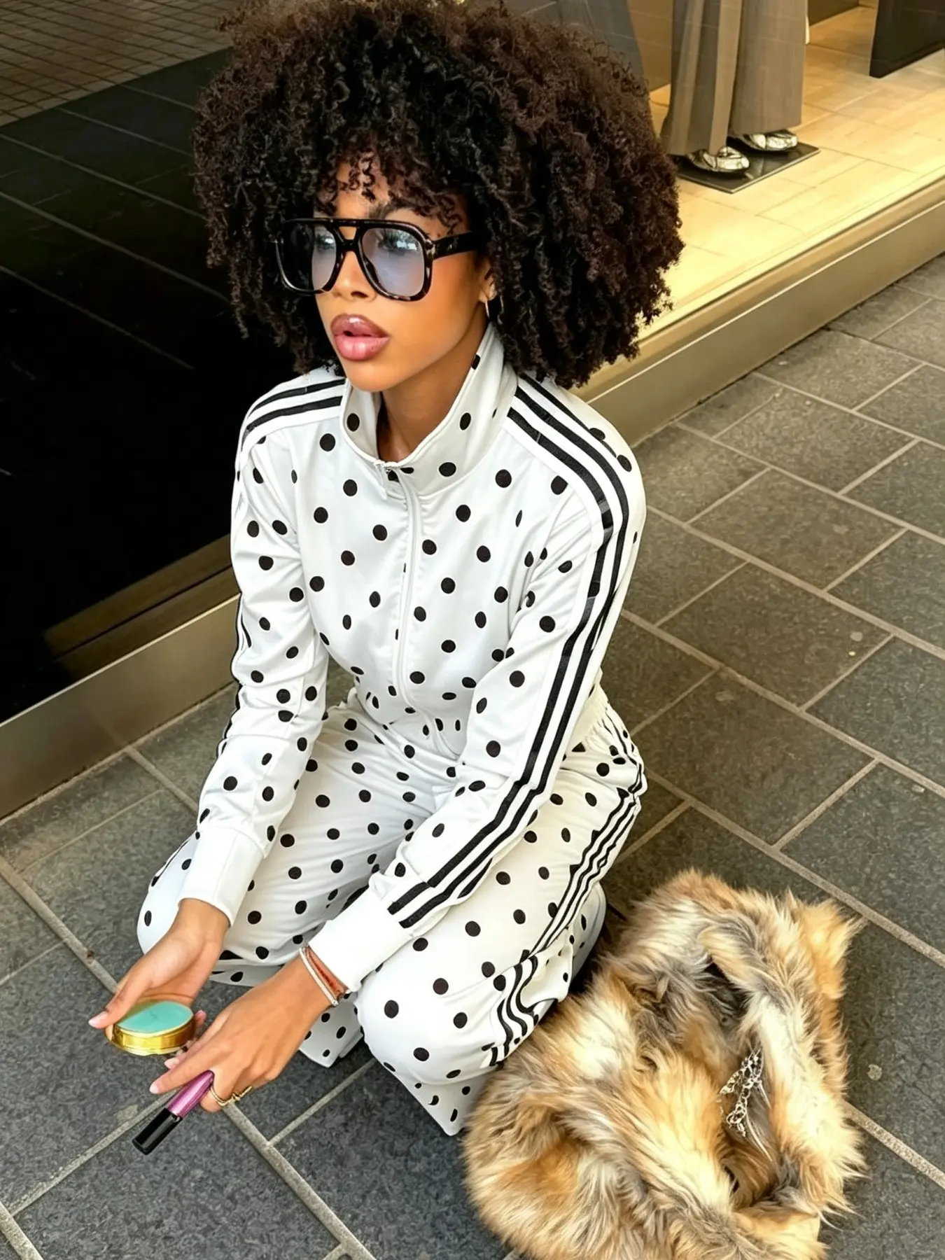 Women's 2 Piece Set Polka Dot Three Stripes Casual, Vintage Sporty Stand Collar Zipper Jacket, Wide Leg Pants for Daily Commute