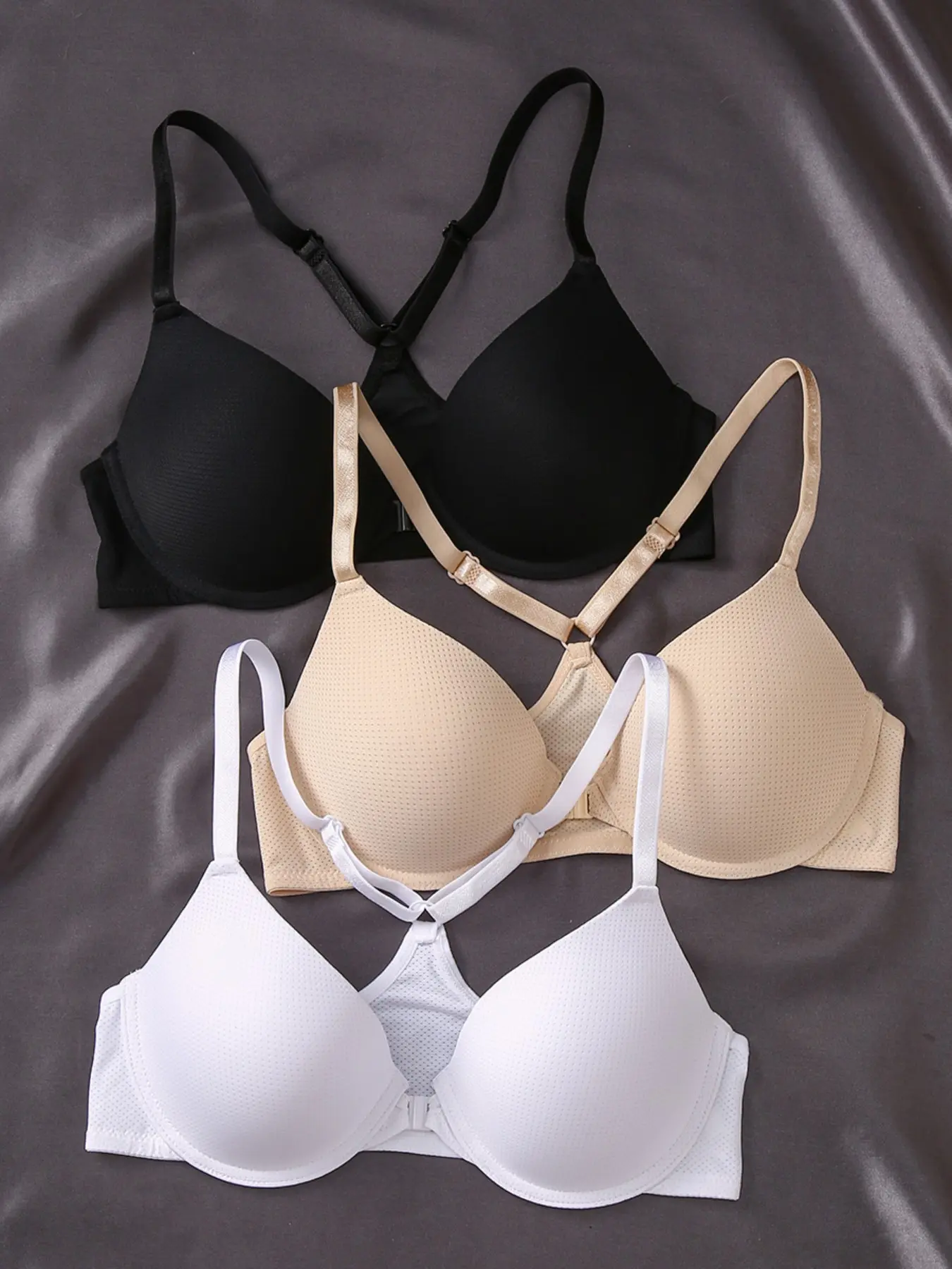 3PCSWomen Breathable Mesh Front Closure Bra, Underwire, Lightweight & Airy Fabric, Adjustable Thin Straps, Y-Shaped Back, Easy On & Off, Suitable for Daily Commute & Backless Outfits