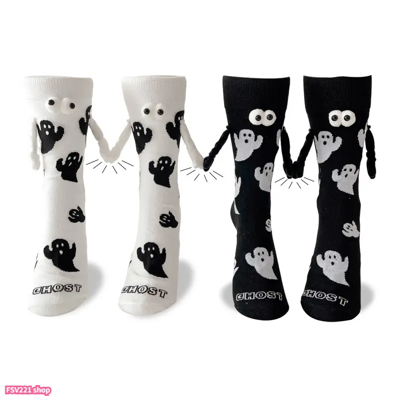 Funny Magnetic Holding Hands Socks Halloween Ghost Print Mid‑Crew Socks Cute Couple Friend Matching Socks for Party Daily Wear