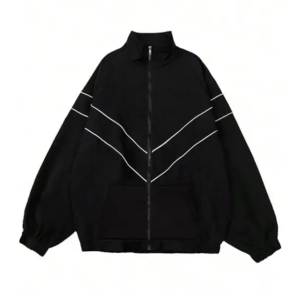 Stand collar zipper jacket with street style, oversized fit for a loose white line decoration that's eye-catching, dual pockets for practicality and convenience, suitable for both men and women for everyday outings, street style, winter cotton jacket