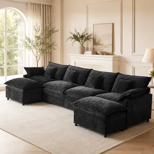 [3 Packages Shipping]GOSUHI 142.5" U-Shaped Modular Sectional Sofa - Comfy Cloud 4-Seater with Movable Ottoman, Deep Seat Chenille Couch for Living Room, Slate Color ,Comfort & Stylish Design