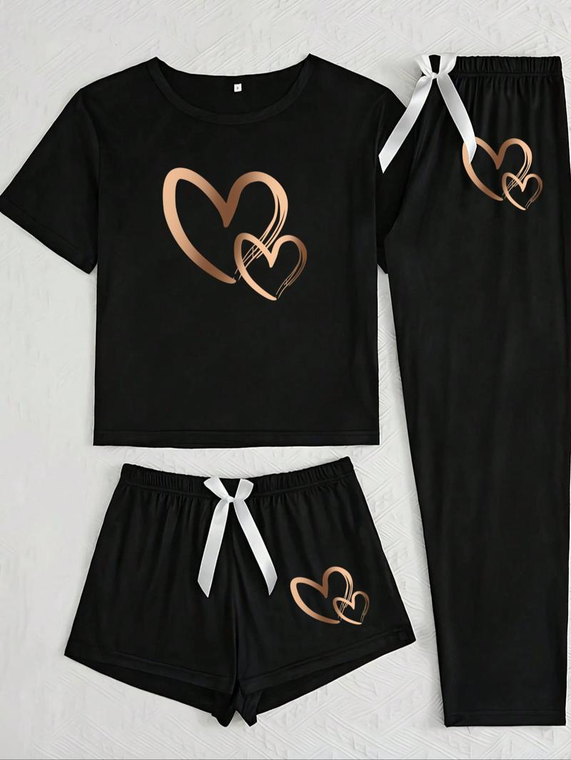Women's Heart Print Tee & Pants & Shorts Pyjama Set, Casual Comfy Round Neck Short Sleeve T-Shirt & Trousers & Shorts PJ Set, Ladies Sleepwear for All Seasons, Loungewear, Shorts Pajama Set
