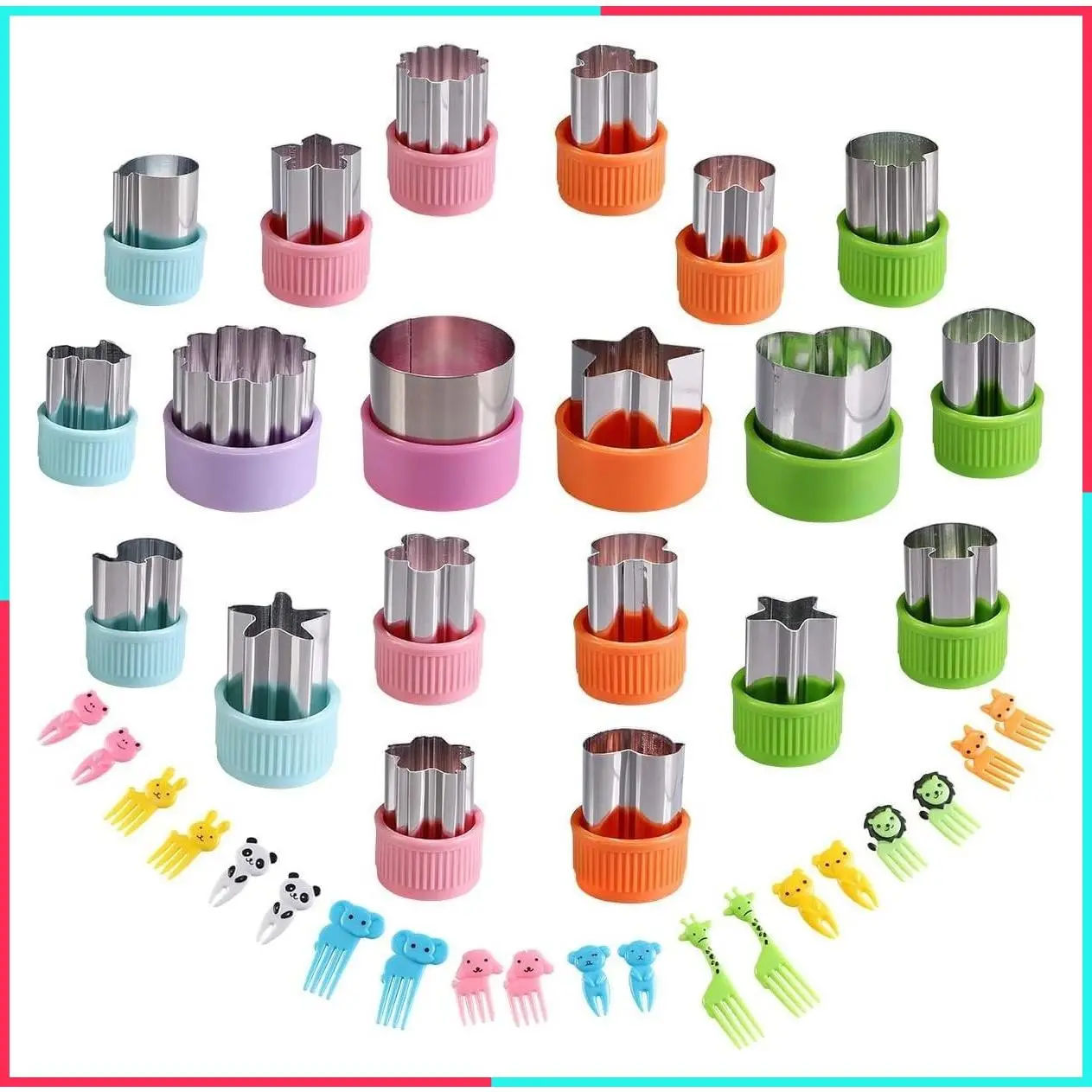 Kids' Vegetable Cutter Shapes Set – 20 Stainless Steel Mini Cookie & Fruit Cutters + 20 Cute Animal Food Picks & Forks – Bento Tools for Baking, Sandwiches, Cheese, and Lunch Prep