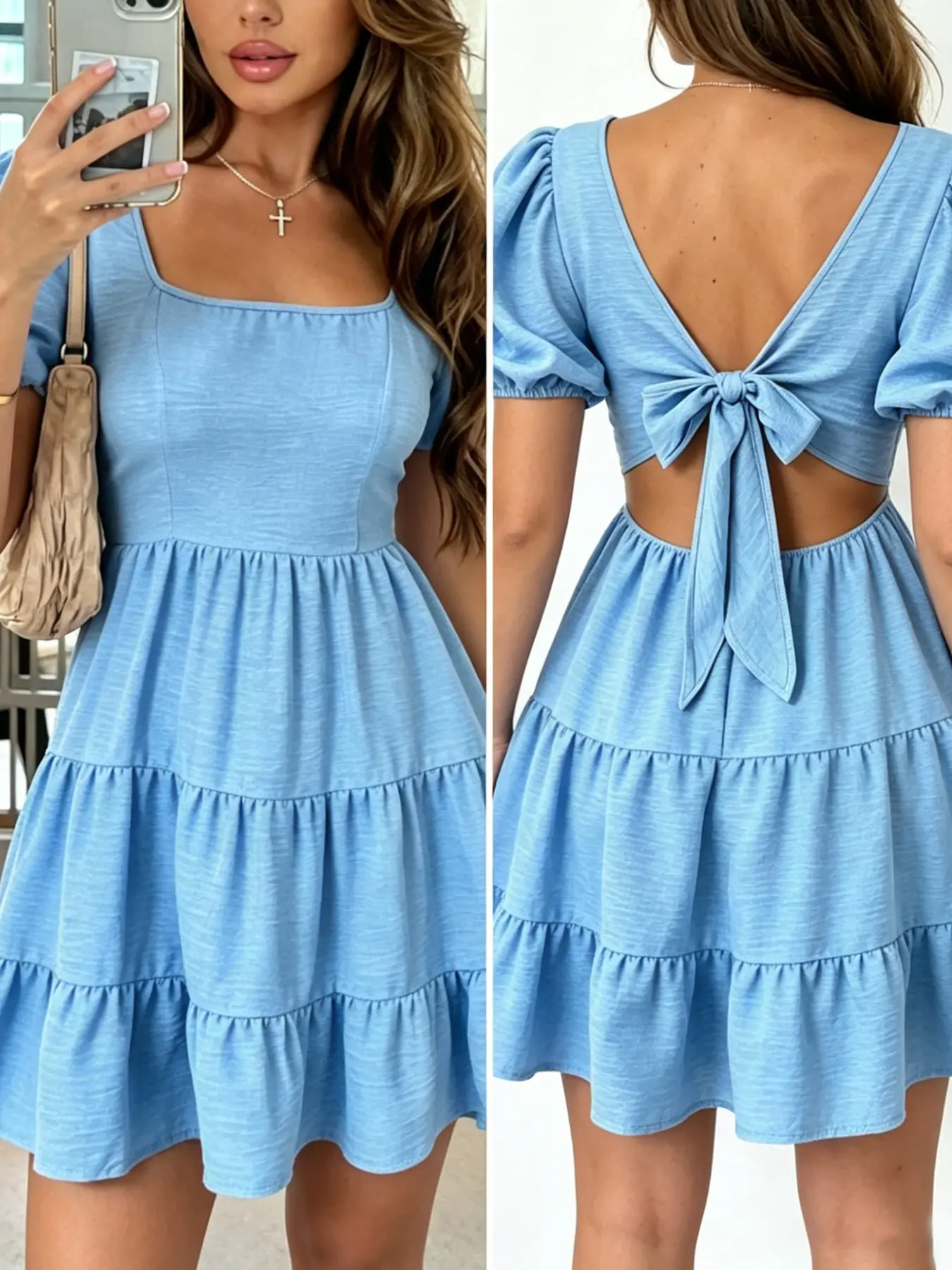 Women Square Neck Bubble Sleeve Tiered Mini Dress, Back Bow Cutout Flowy A Line Outfit for Island Vacation, Daily Commute, Casual Date, Street Shoot, Brunch, Lawn Picnic, Shopping, Weekend Meetup, City Stroll, Park Trip, Night Market & Concert