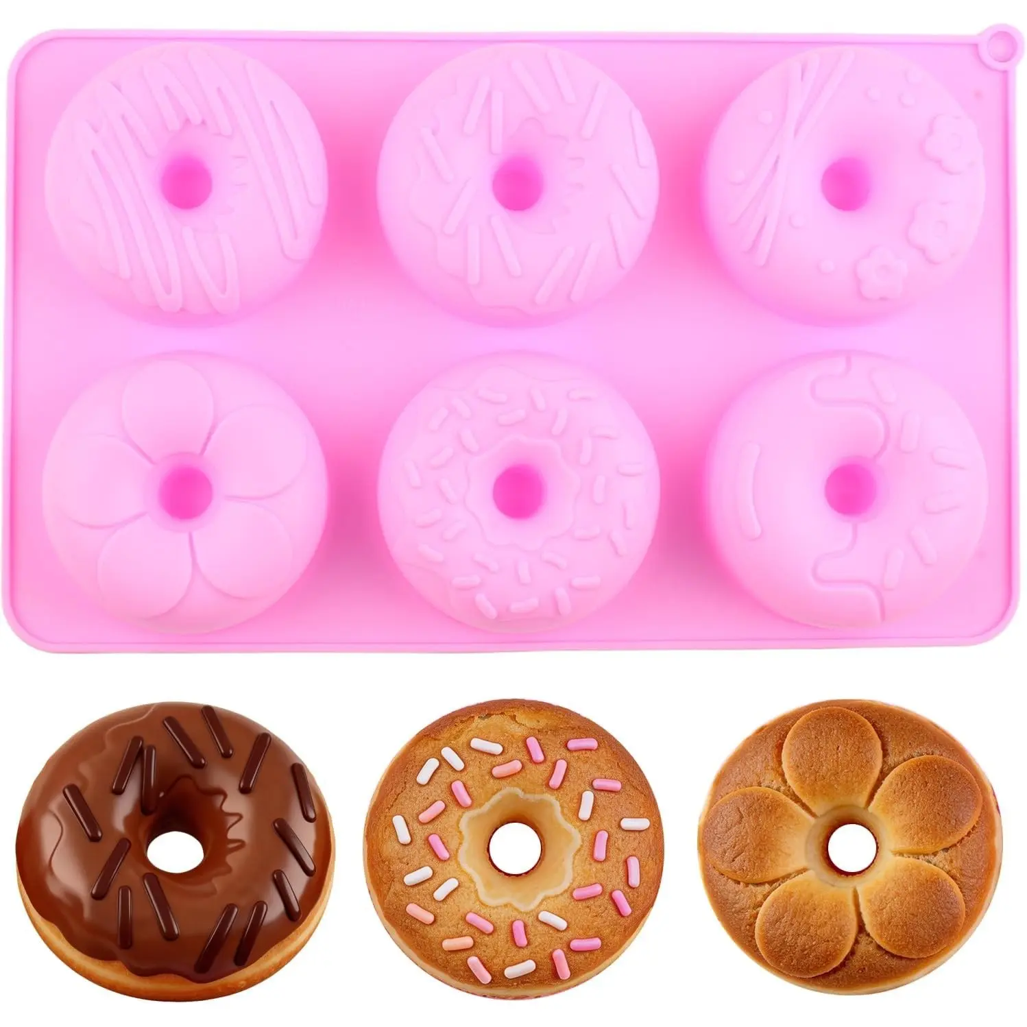 6-cavity donut mold, made of silicone, suitable for making donuts, candies, and chocolates