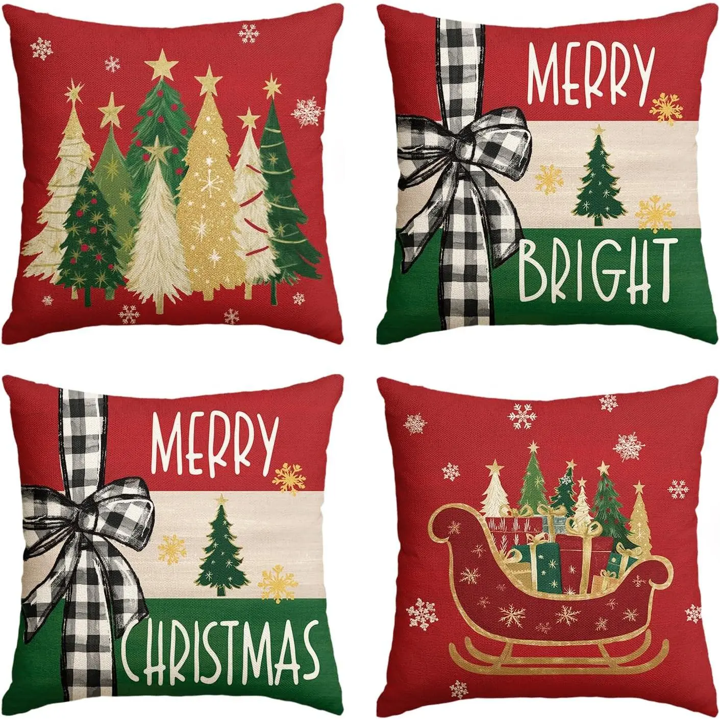 Luxuriously Soft Bow Shape Decorative Cushion Covers - 18x18in Merry Bright Christmas Sleigh Red Snowflake Xmas Winter Holiday 4-Piece Set Cushion Cases for Sofa Couch, Bow Shape Cushion Covers