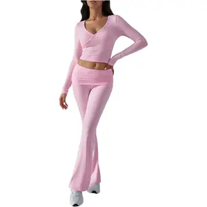 Women's 2 Piece Outfits Long Sleeve Crop Top and Foldover Flare Pants Set Tracksuit