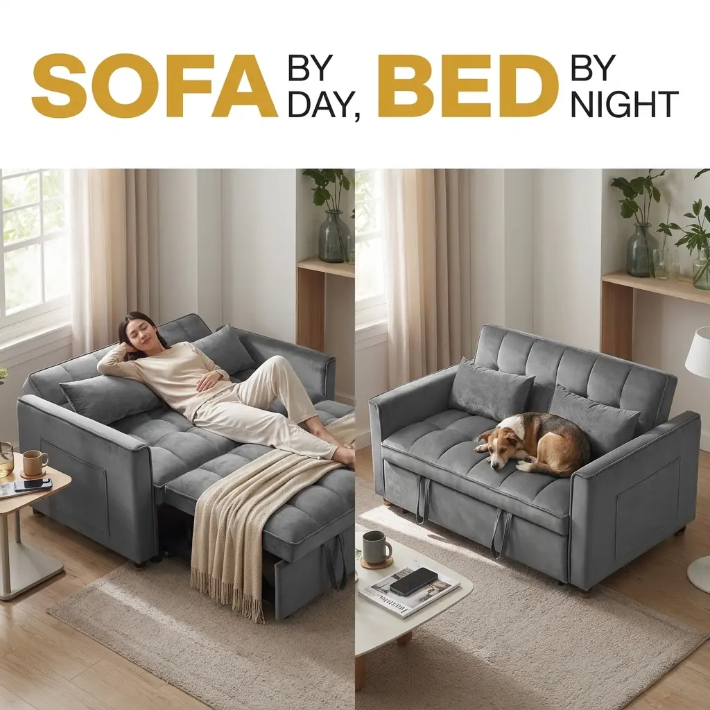 3 in 1 Convertible Pull Out Sleeper Sofa Bed | Velvet Loveseat Futon Couch for Small Apartment
