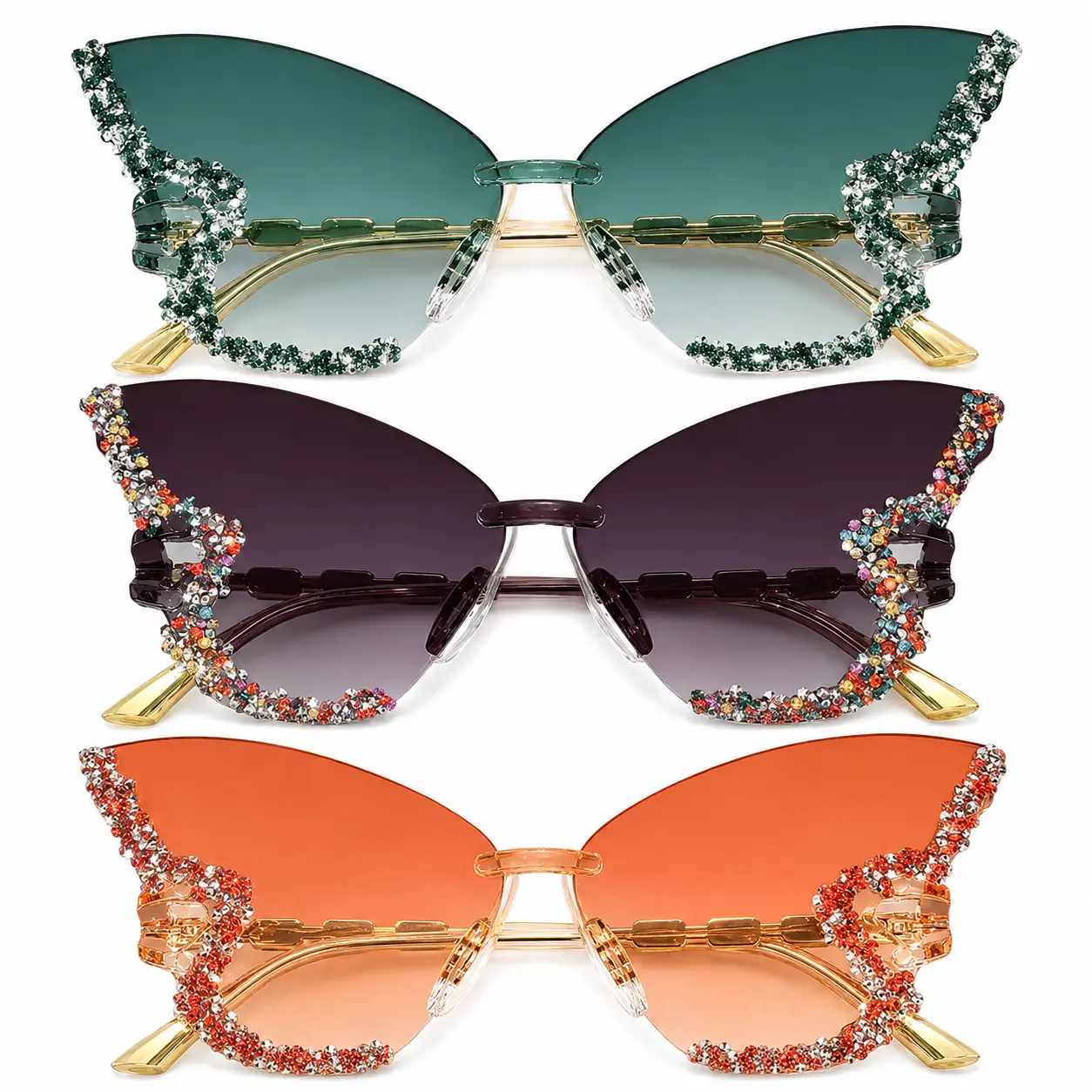 3-Pack Butterfly Sunglasses, Unisex Rimless Polycarbonate Frames with Sparkling Stones, Gradient Lenses & UV Protection for Music Festivals, Sparkle Detail