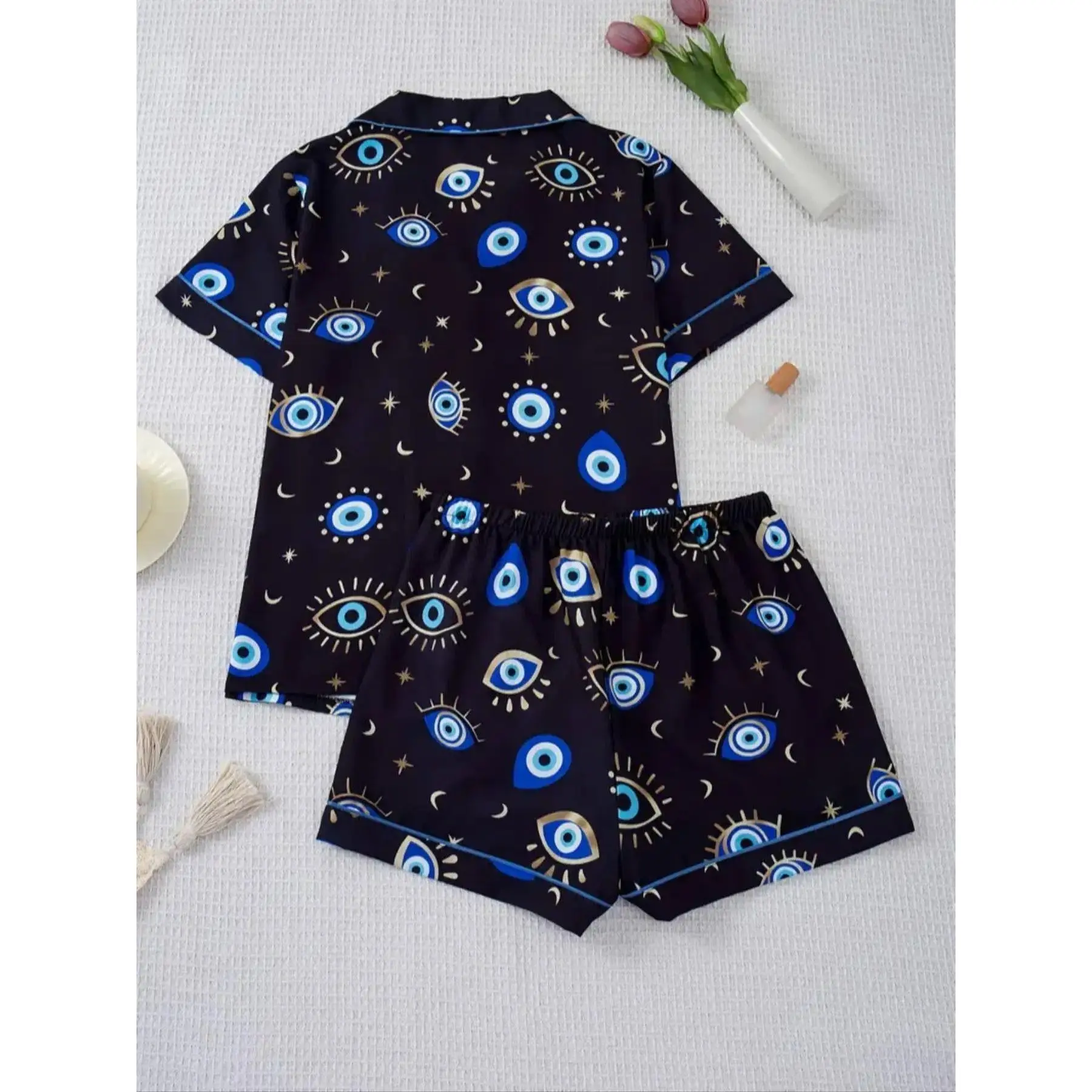 Women’s 2 Piece Printed Pajama Set, Fitted Short Sleeve Pocket Top and Elastic Waist Shorts, Stretchy All Season Sleepwear Loungewear