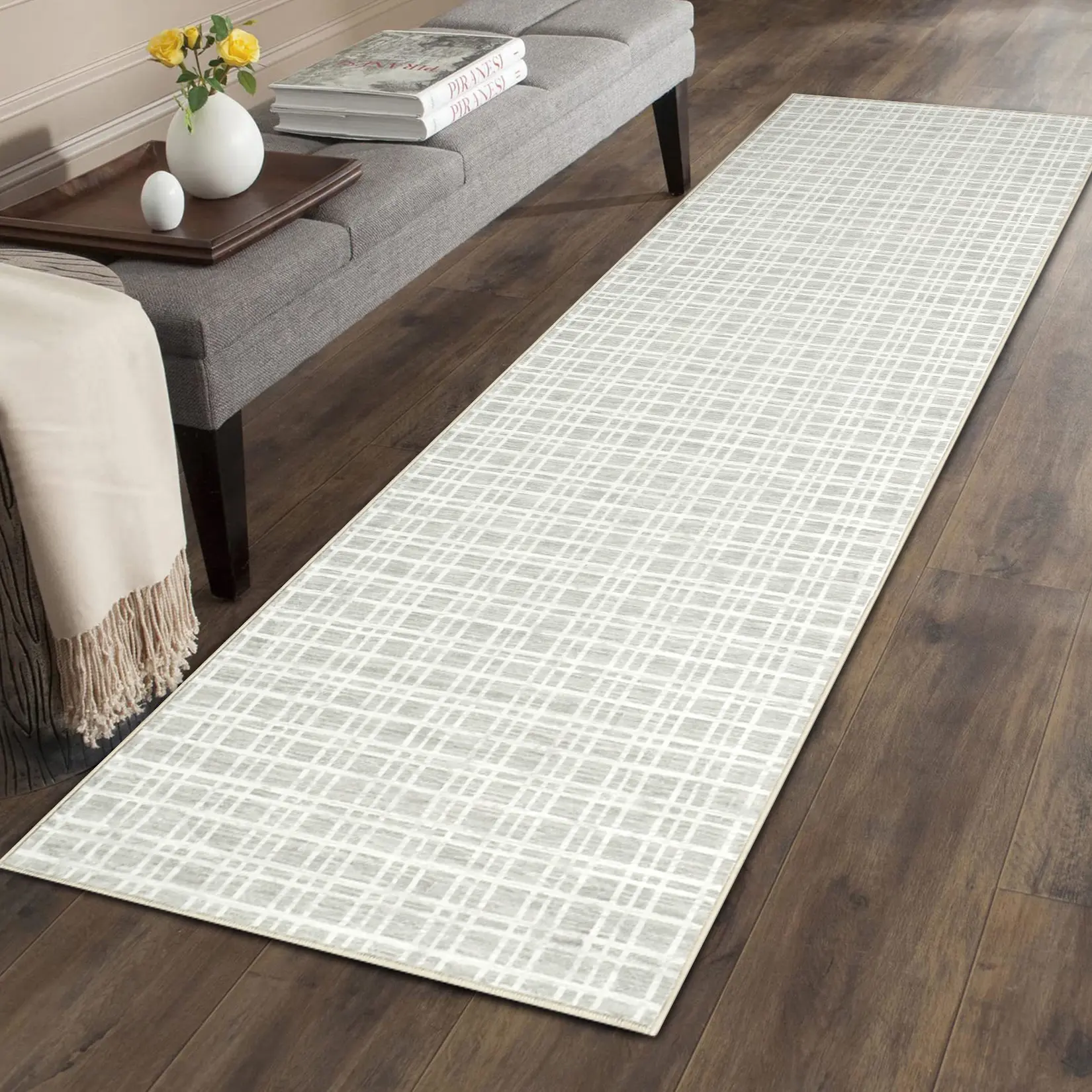 Washable Runner Rug Non Slip Faux Cashmere Area Rug Foldable Low Pile Modern Carpet for Hallway Kitchen Entryway Bedroom Earth Gray 2 x 6 ft