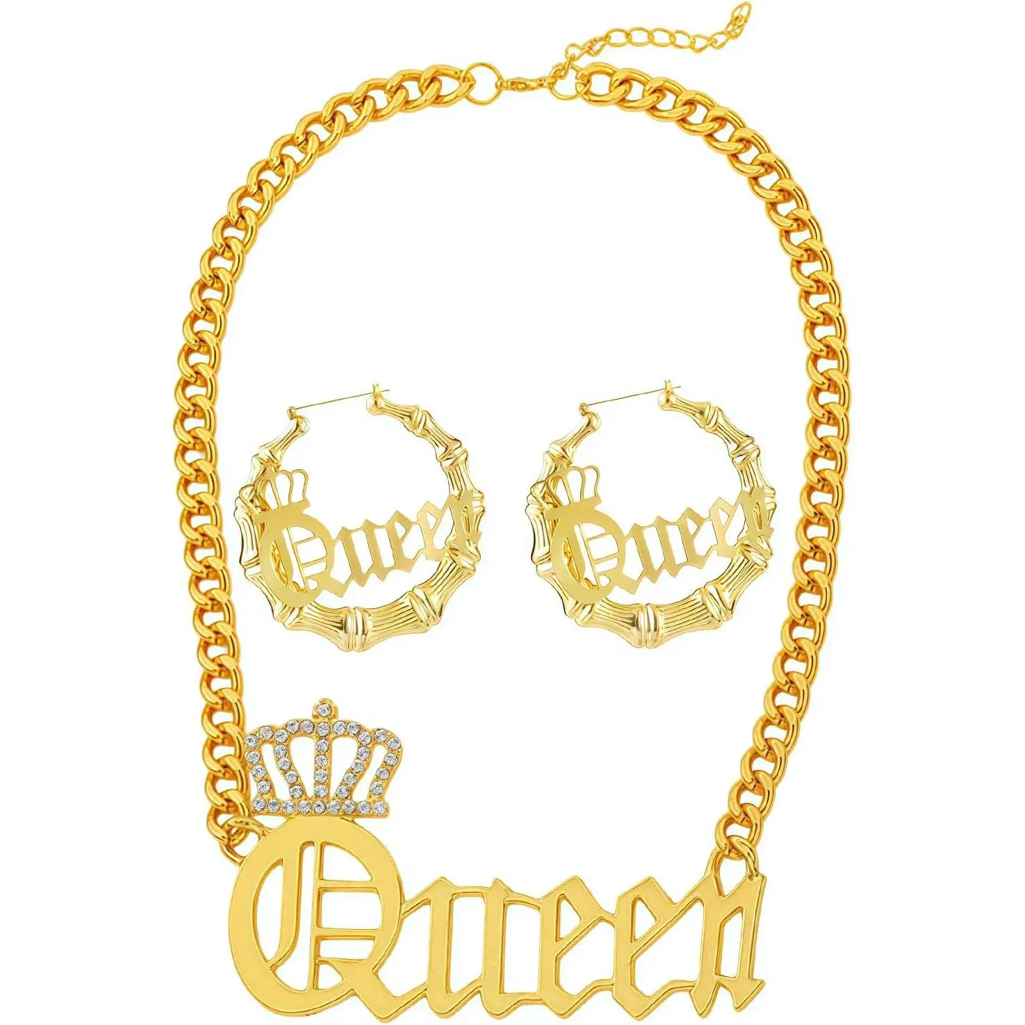 80s 90s  Hop  Costume Kit,  Letter Crown Necklace, Hop  Hoop Earrings,90s Costume Accessory Party  Set for Women Rapper DJ Punk