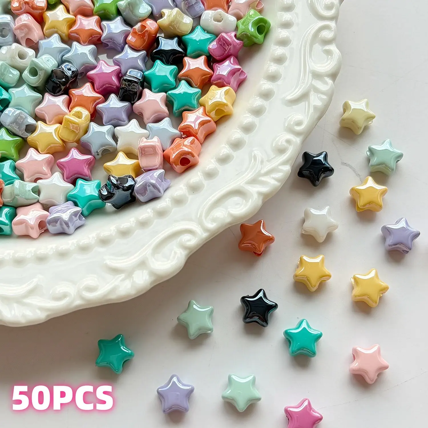 UV Coated Heart & Star Shaped Beads, Beads For Crafts, Pastel Cream Tone Round Bean Shaped Smooth Acrylic Craft Beading Supplies, 50Pcs Accessories, for Charm Bracelets, Keychains, Ideal Custom Jewelry Making Gift for DIY Hobbyists