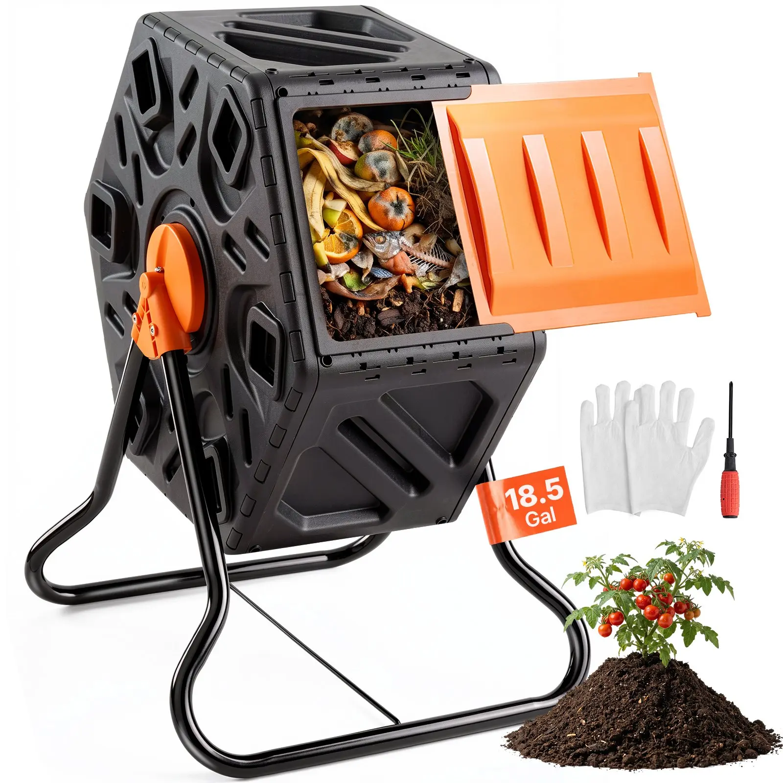 【toolupgrade】VEVOR BPA-Free Compact Rotator Compost Bin, 18.5-Gal Composting Tumbler with Grooved Interior, Sliding Door & Steel Frame for Kitchen, Yard