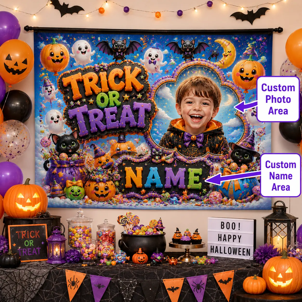 Personalized Print Trick-or-Treat Halloween Backdrop with Photo & Name - Blue, Orange Pumpkins, Ghosts, Black Cats, Candy - Festive Party Banners & Home Decor