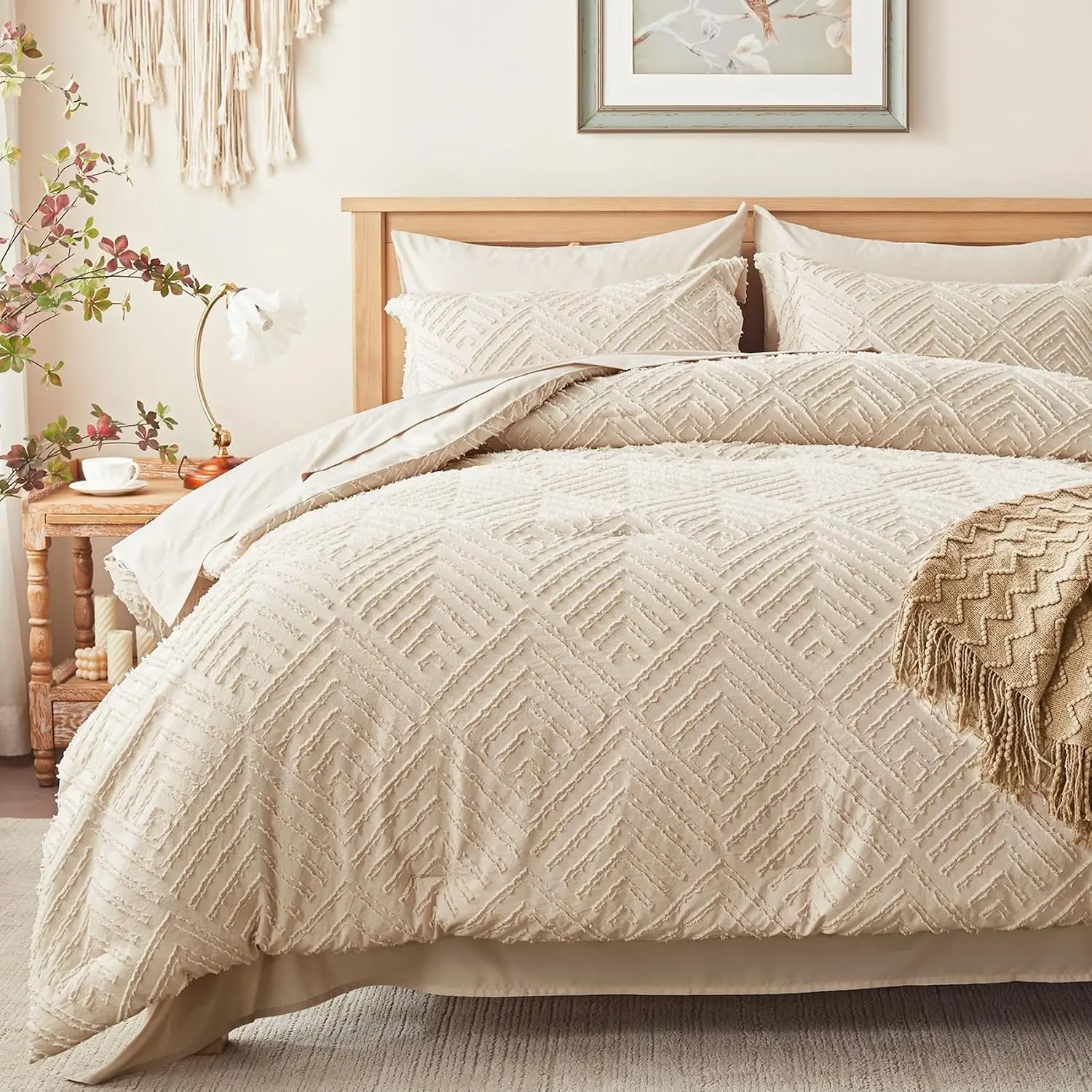 Queen Comforter Set 7 Piece, Beige Bed in a Bag Queen Bedding Sets | Boho Tufted, OEKO-TEX Certified, Luxury, Lightweight, All Season, Down Alternative Comforter, Breathable sheets & pillowcases