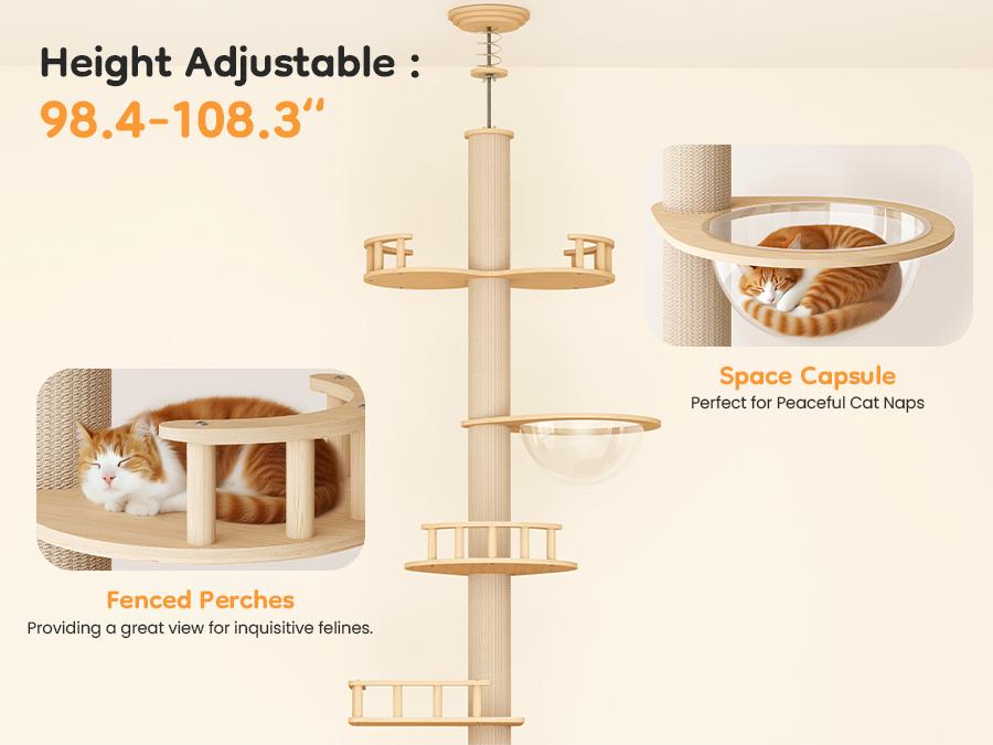 Royalcraft Floor to Ceiling Cat Tree Tower with Acrylic Capsule, Adjustable Height, Sisal Scratching Posts, Multi-Level Design, Space-Saving Vertical Structure, for Kittens & Large Cats, Stable & Stylish Cat Furniture
