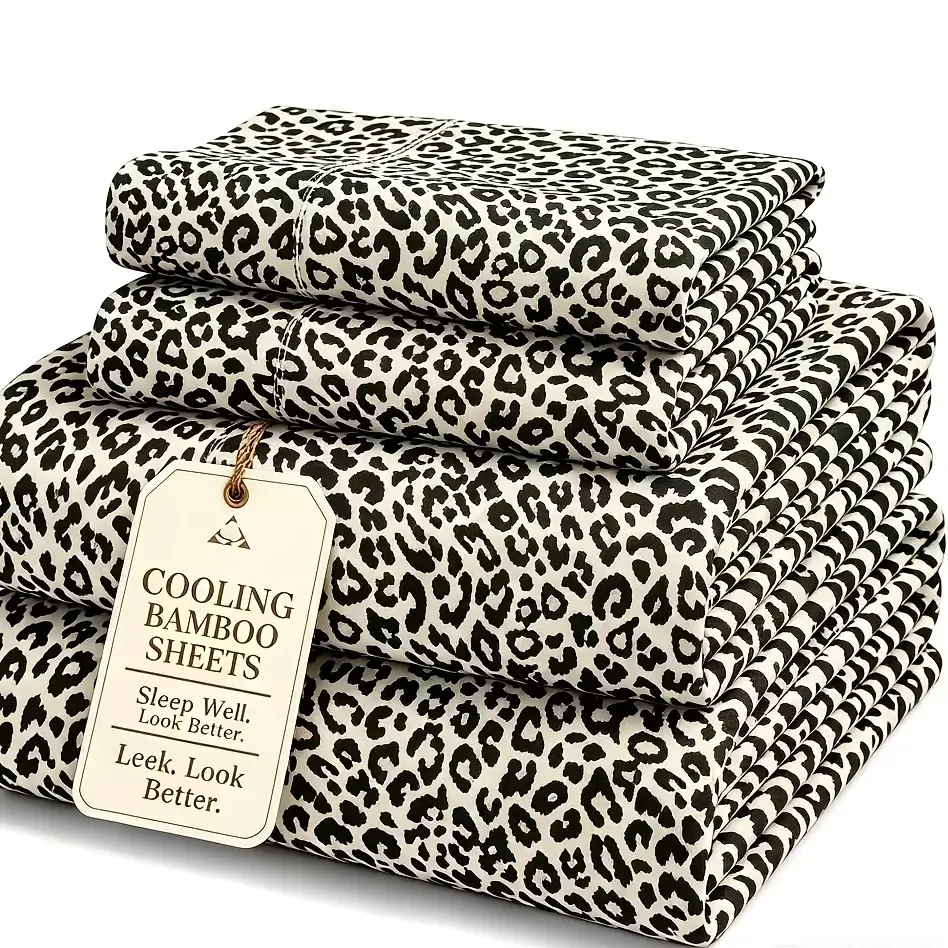 4pcs Queen Size Cooling Bamboo Fiber Sheet Set, Beige & Black Leopard Print Deep Pocket Breathable Bed Sheets for Hot Sweaty Sleepers, Stylish Elegant Bedroom Decor, Ideal Independence Day Gift for Whole Family