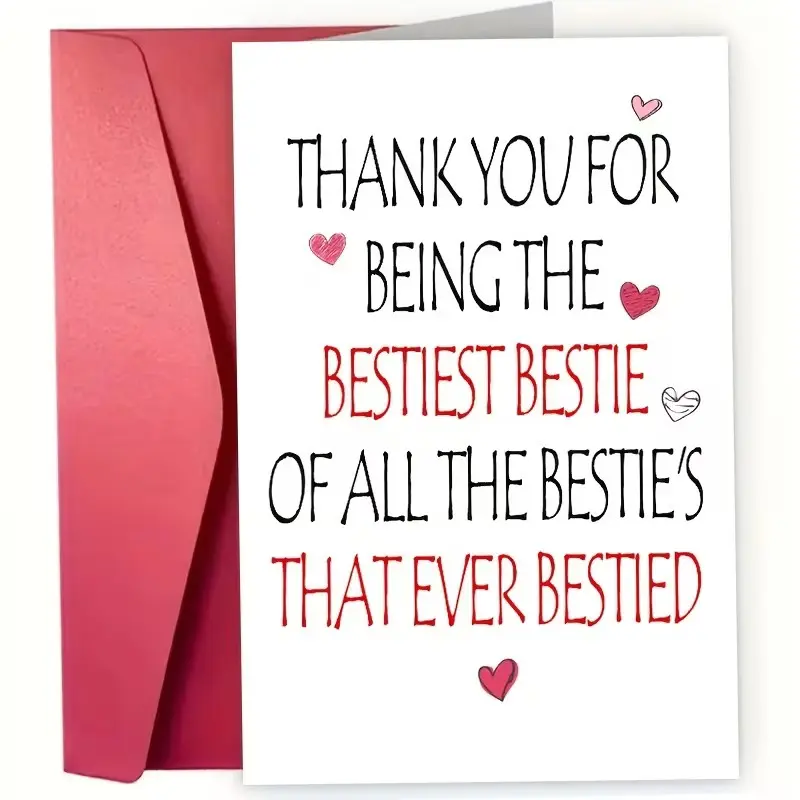 Bestie Thank-You Greeting Card, Pink Heart Design, Funny Bestie Quote, Perfect for Friendship and Daily Wishes, Blank Inside, Includes Envelope