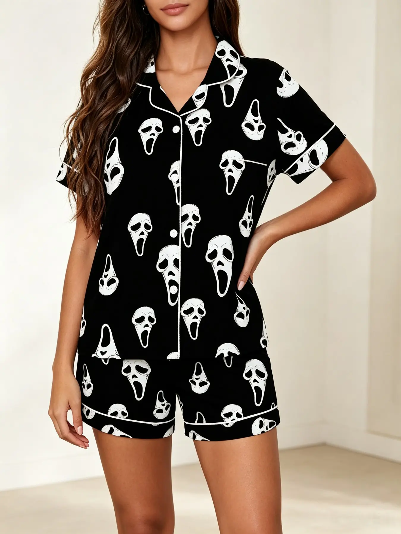 Ghost Face Mask Pajama Set, Base Horror Print, Short Sleeve, Slim Fit, Casual Home Wear, Halloween Theme, Teenager Daily Use