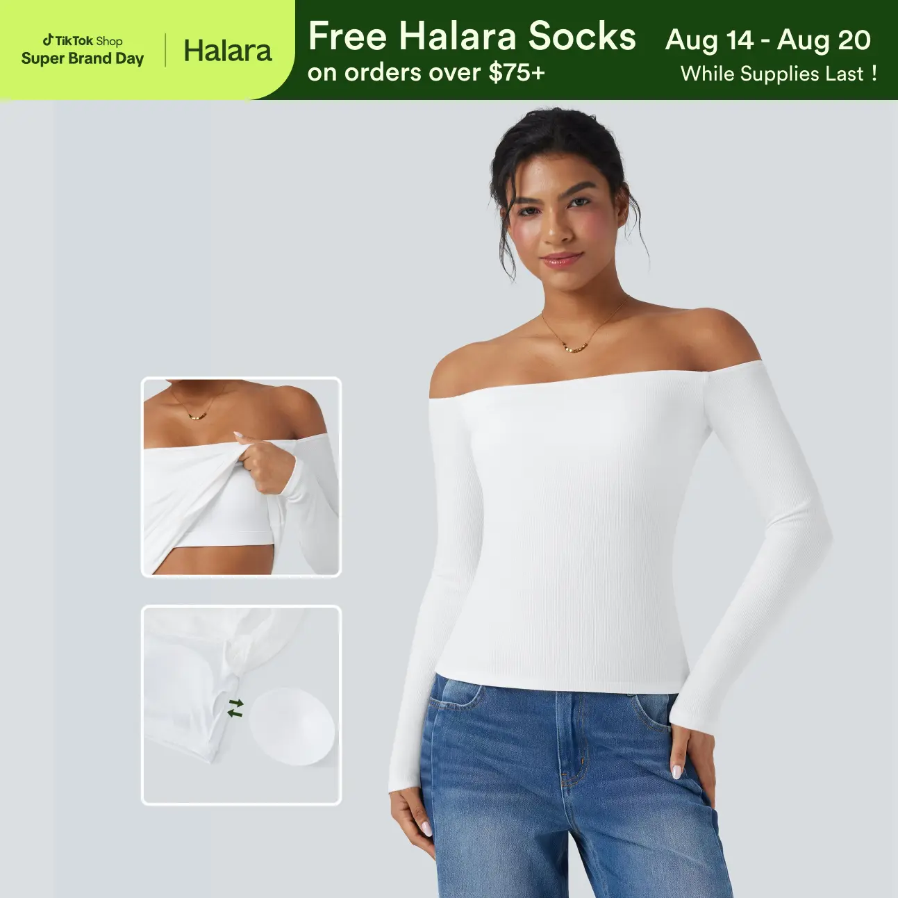 Halara Ribbed Knit Off Shoulder Long Sleeve 2-in-1 Casual Top