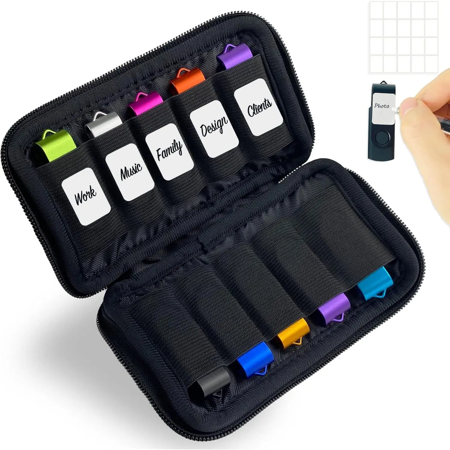 10 Slots Neoprene USB Flash Drive Case with 20  Labels,Anti-Static Thumb Drive Organizer Bag, Slim Portable Memory Stick Storage Pouch for Travel, Office & , Black