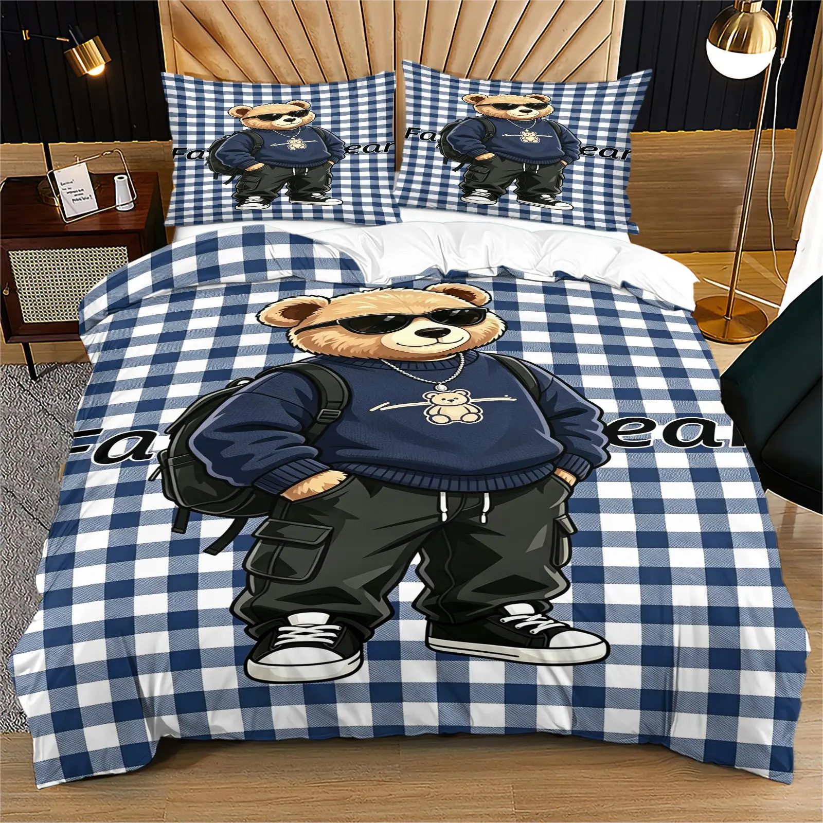 Plaid bear print bedding set featuring Soft Warm Bedding, soft and durable fabric, includes 1 duvet cover and 1 or 2 pillowcases, excluding quilt and pillow inserts, ideal as a gift for children or adults, modern stylish bedroom bed decoration