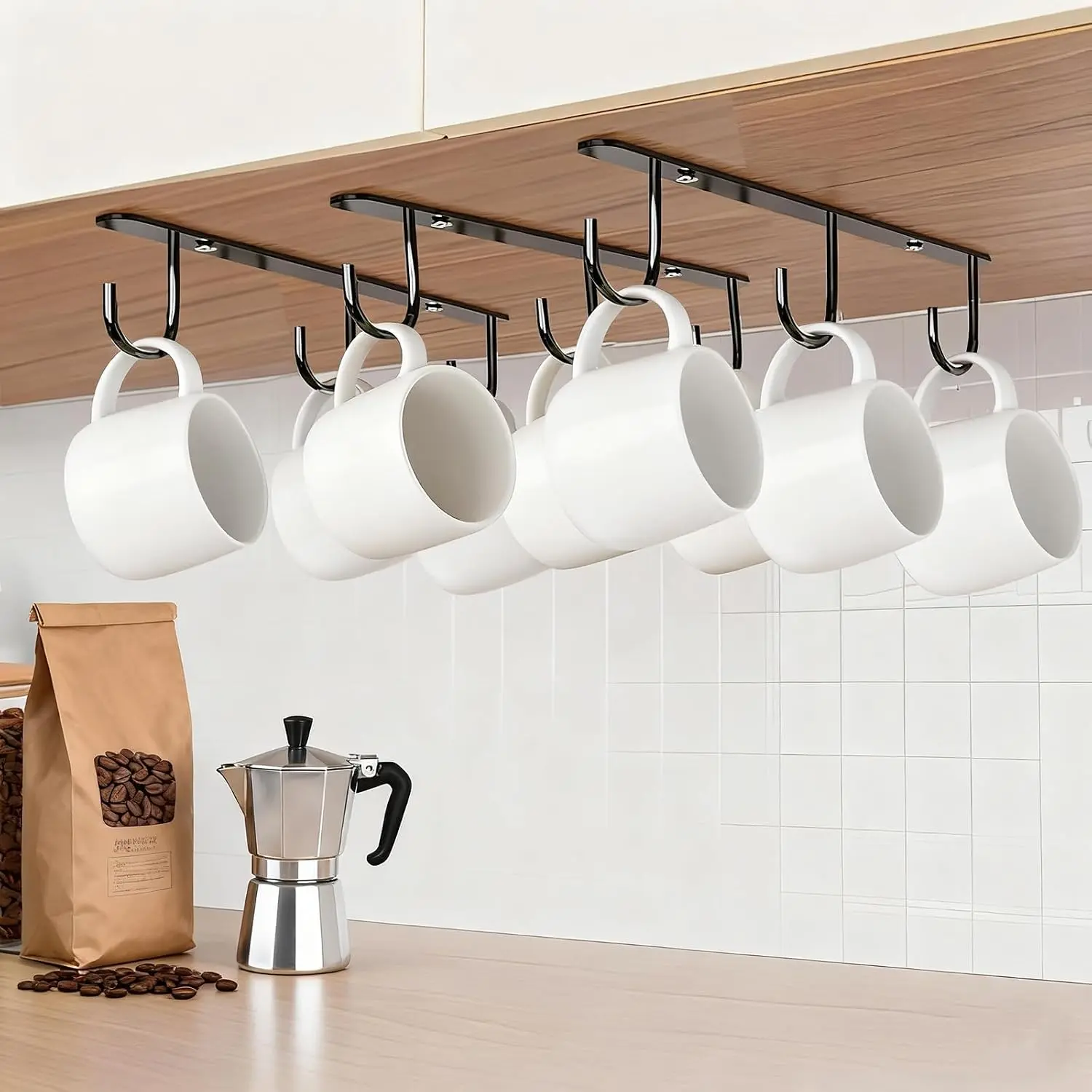 3 count Under Cabinet Mug Hooks,Adhesive/Screw 2 Ways Install Mug Holder,Coffee Cups Hook with 9 Hooks,Mug Organizion Rack for Displaying Mugs/Cups/Kitchen Utensils (Black)