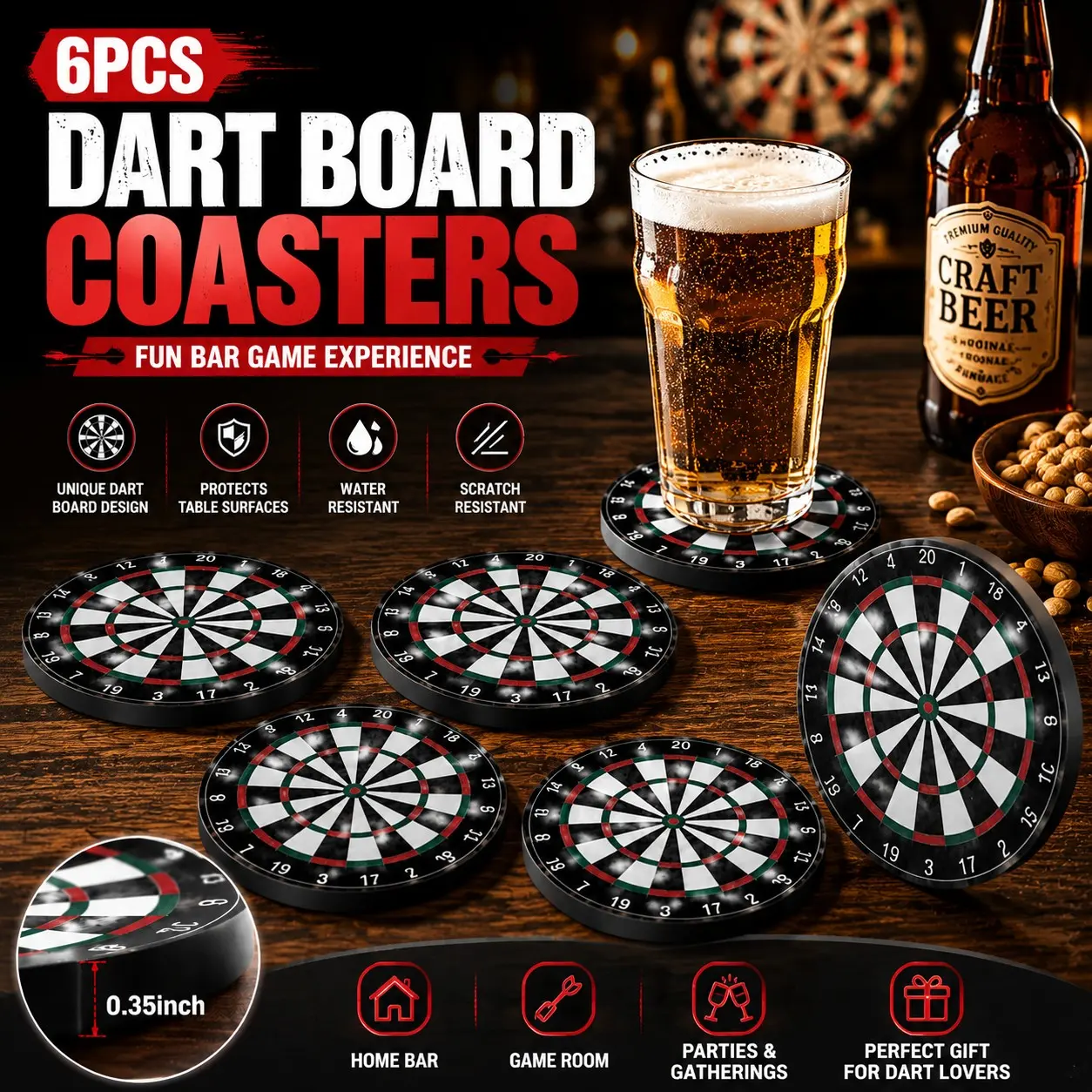 Dart Board Coasters Set of 6, Fun Beer Coasters for Bar Accessories, Mini Dart Game Table Decor, Unique Drinking Game for Parties, Man Cave Decor, Cool Gifts for Men, Beer Lovers, Friends and Family Gatherings, Decorative Coaster