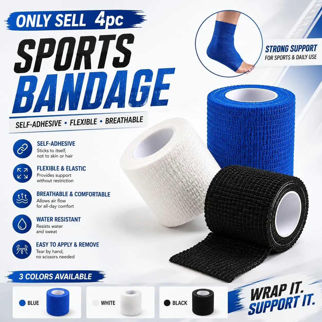 4pcs Self-Adhesive Breathable Sports Bandages Boxing Wrap, Elastic Non-Woven Ankle and Elbow Supports, Mini Essential Fitness Accessories for Sports Support