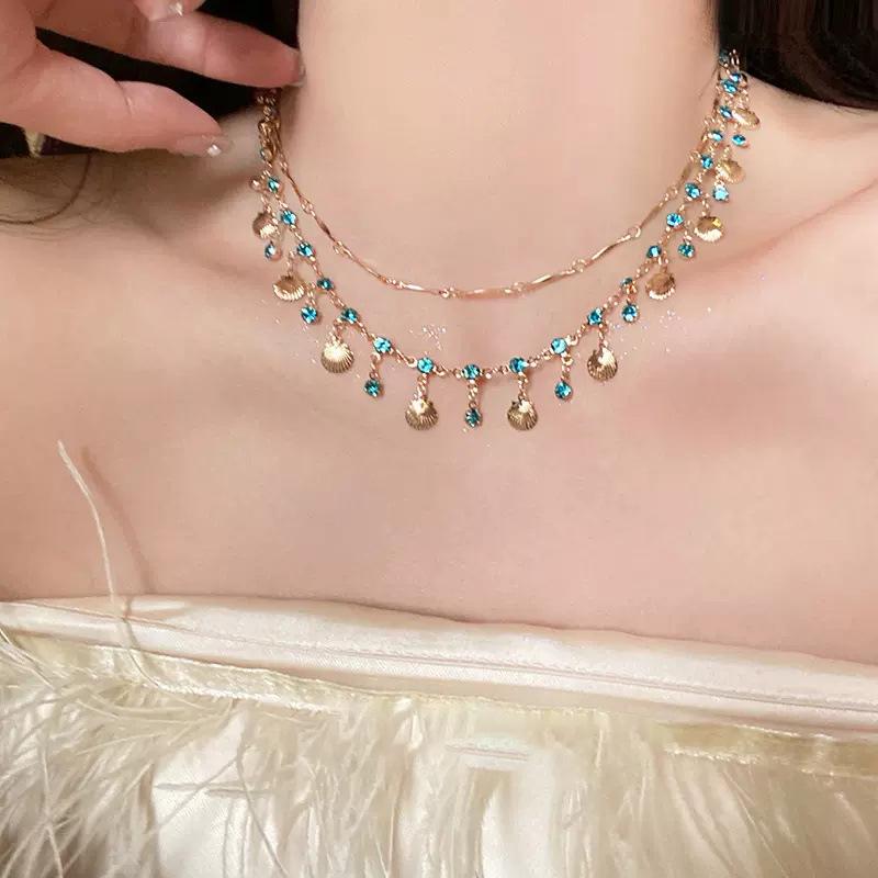 Summer Beach Blue Zircon Style Gold Shell Pendant DDXL0041 Necklace Versatile Multi-layered Collarbone Chain Accessory 14K Gold-Plated