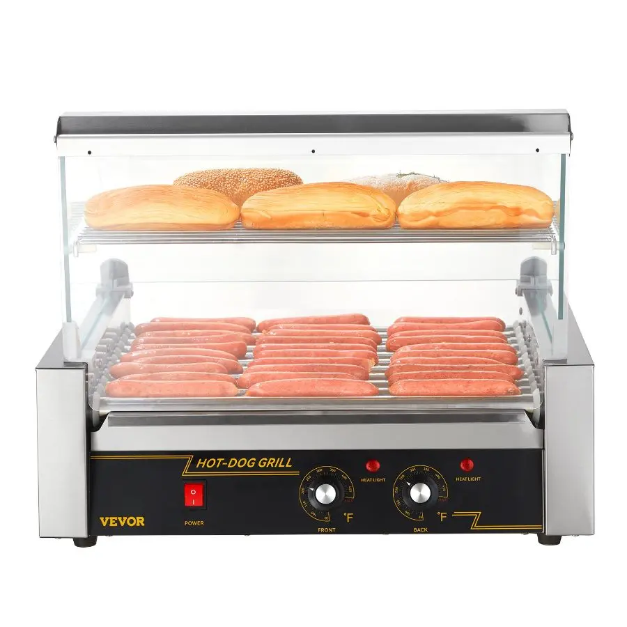 VEVOR 11-Roller Hot Dog Roller Grill Cooker Machine, 30-Hot Dog Capacity, 1650W Stainless Steel Sausage Cooker with Dual Temp Control, Glass Hood, Acrylic Cover, Bun Warmer Shelf, Removable Drip Tray, ETL Certified, 11 Rollers