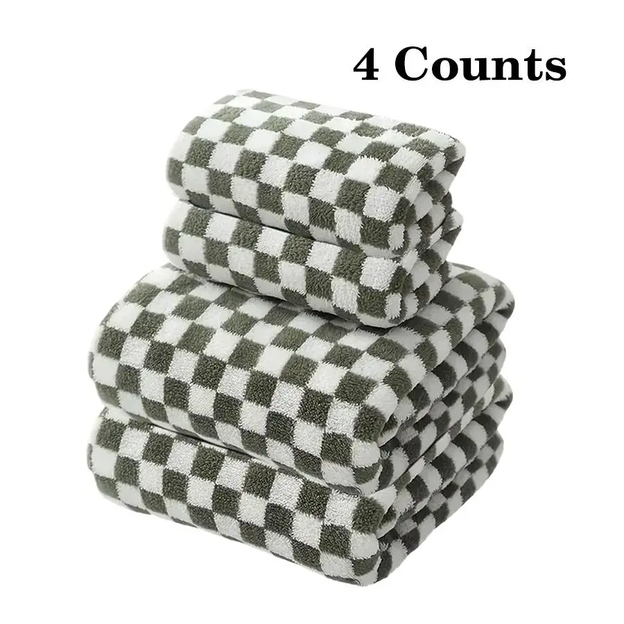 Checkerboard Pattern Large-Sized Bath Towel Sets 4-Piece - Soft Absorbent Breathable Towels for Home Bathroom Travel