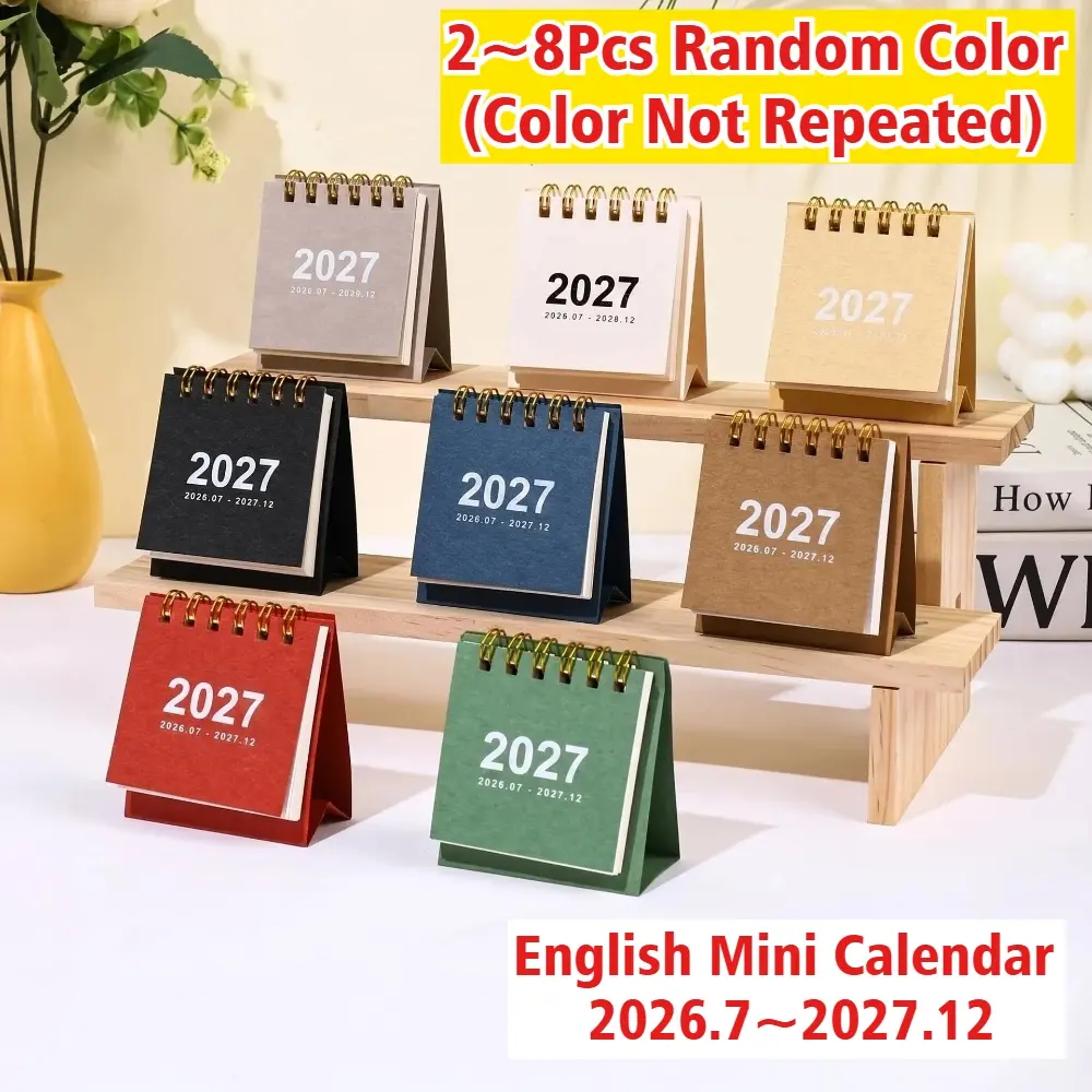 2~8Pcs Random Color 2027 English Mini Simple Calendar Small Desk Calendar Creative Coil Calendar Planner Desktop Decoration Office Stationery（Color Not Repeated）