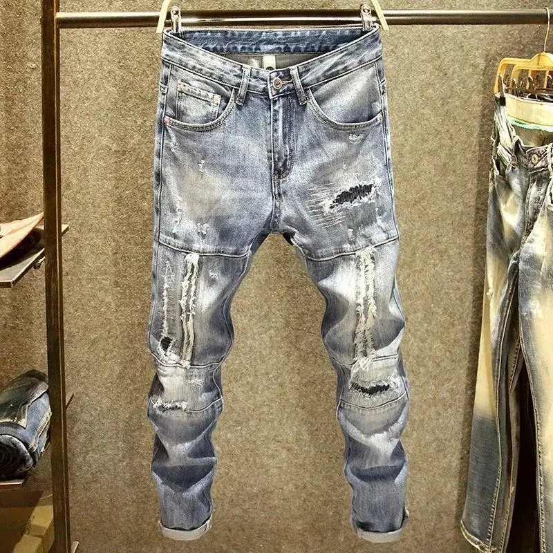 2025 Spring-Autumn New Menswear Classic Cut Ripped Denim Jeans, Asian Sizes Men's Casual Elastic Comfortable Pants, Plain