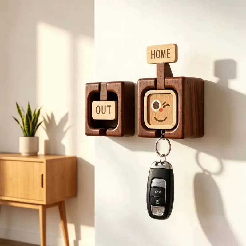 Solid Wood Key Holder Hanger, 2 in 1 Self-Adhesive Keychain Rack, Entryway Wall Key Storage Organizer, Home Out Status Display, Rustic Farmhouse Mudroom Decor, Housewarming Birthday Gift for Her Mom Grandma Best Friend, Small Hallway Decoration