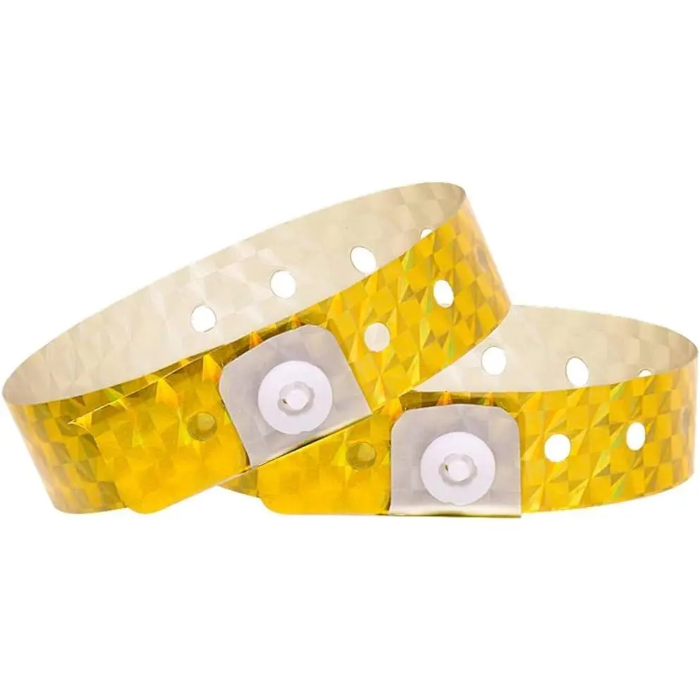 100 Pack Gold Holographic Vinyl Wristbands - Waterproof Disposable Security Identification Wristbands for Events, Parties, Concerts, Bars, Clubs, Festivals