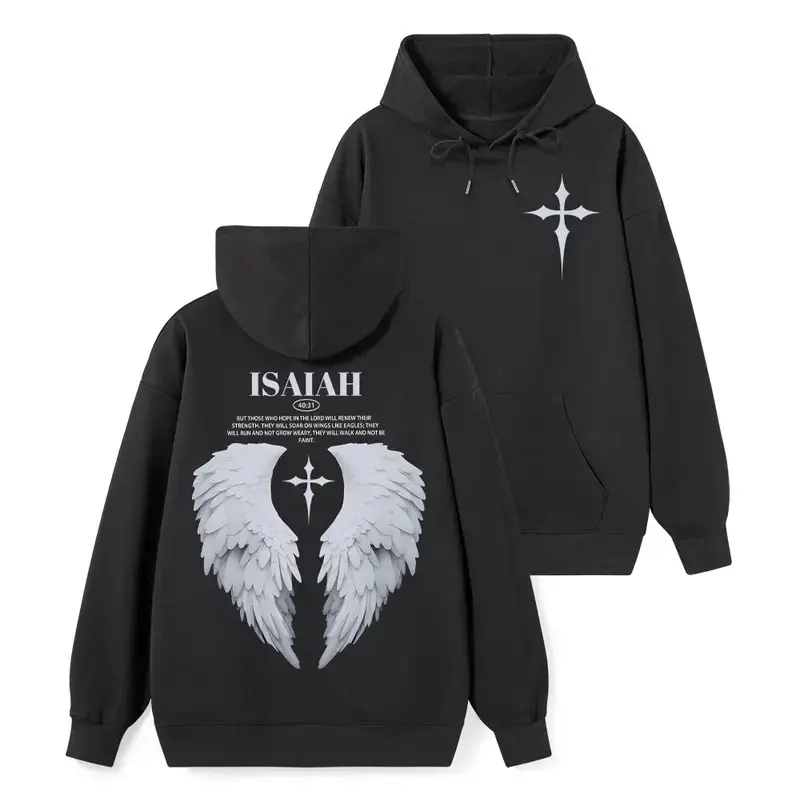 Christian Hoodie Isaiah 40:31 Angel Wings Cross Back Print Those Who Hope In The Lord Loose Faith Streetwear for Men Women