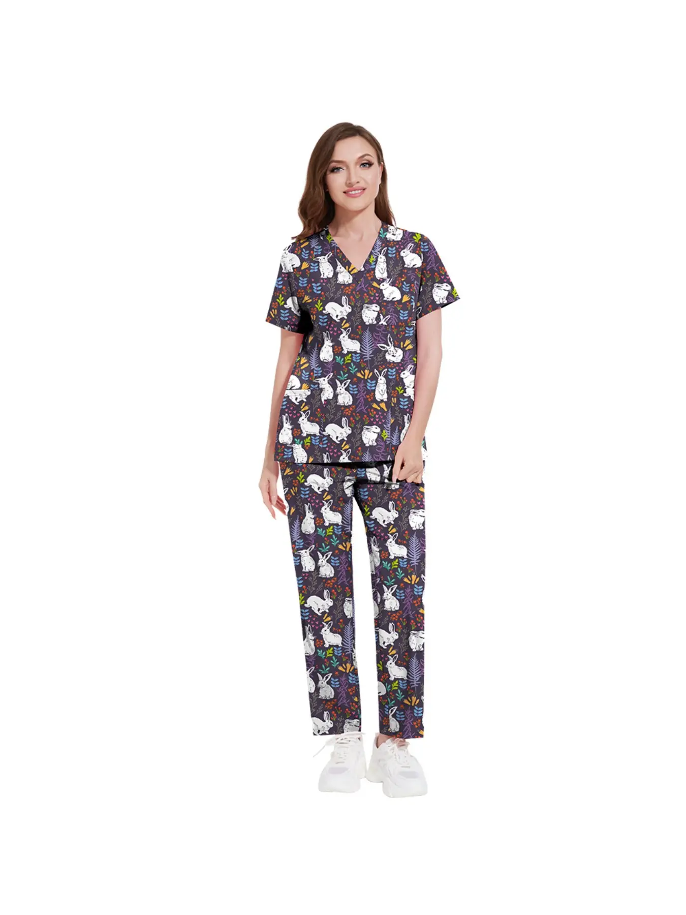 Daily Practical Patient Number V-neck Top Straight Pants Set Printed Hand Washing Set Thin Comfortable Breathable Patient Cartoon Printed Uniform
