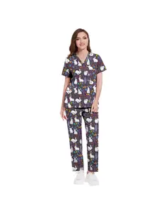 Daily Practical Patient Number V-neck Top Straight Pants Set Printed Hand Washing Set Thin Comfortable Breathable Patient Cartoon Printed Uniform