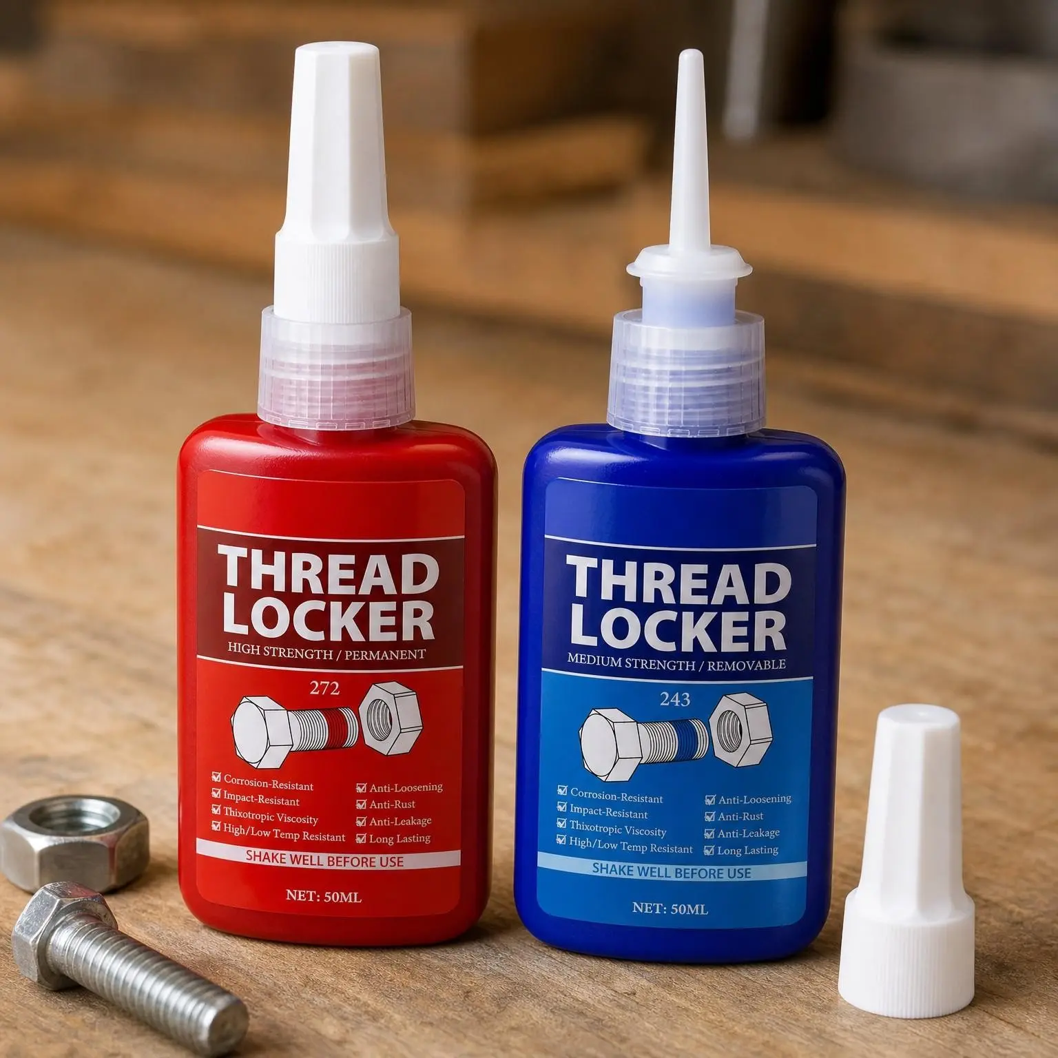 Thread Lock Kit (272 & 243) - 3.38 oz/100ml Medium & Strong Strength Removable Threadlocker - Secure Nuts, Bolts & Fasteners - Prevents Loosening, Leakage & Corrosion - Anaerobic Curing Thread Locker