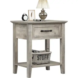 Grey Nightstand, End Table with Drawer, Side Table for Spaces, 2 Tiers Storage Shelves with Dresser, Bedside Table for Living Room, Bedroom, Dorm (Grey)