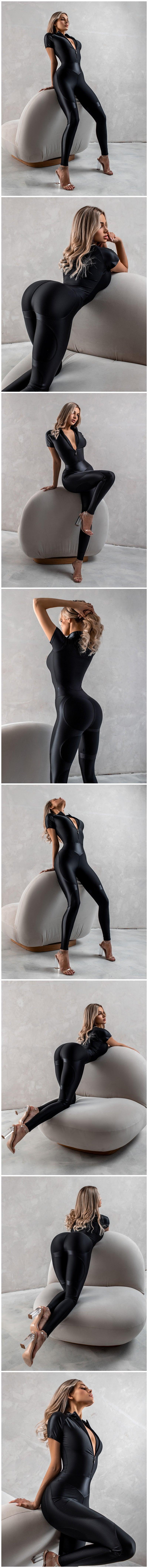 ZASUWA Female PU Half Zipper Peach Booty Jumpsuit Fabric Womenswear Spandex Check poster girl jumpsuit catsuits jumpsuit for women
