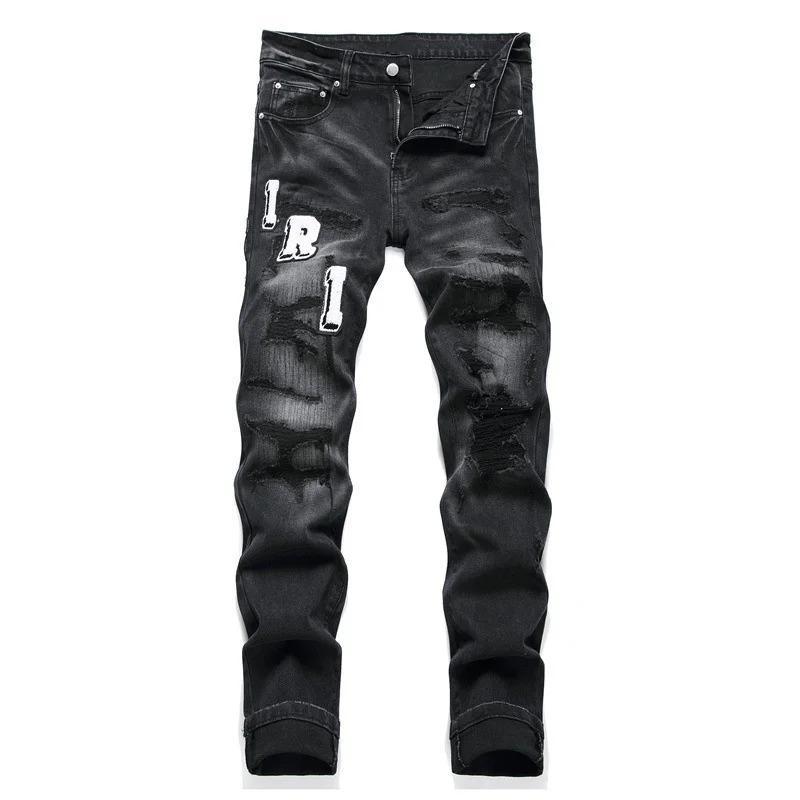 Men's retro black jeans with ripped holes, trendy stretch slim fit, fashionable pants, versatile men's pants Casual