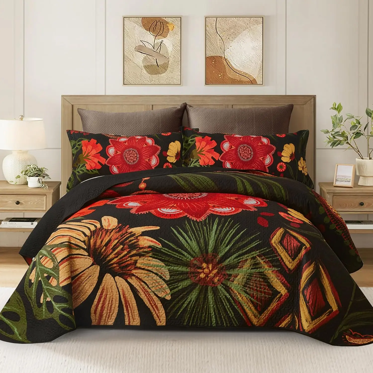 Boho Floral Bedding Set - 2-Piece Twin Size Microfiber Bedspread Coverlet (68''x86''), Reversible Lightweight Vintage Mid-Century Botanical All-Season Farmhouse Bedding with 1 Sham, Wrinkle Resistant Bedding Sets Collections (Black Red), Set Includes, Aes