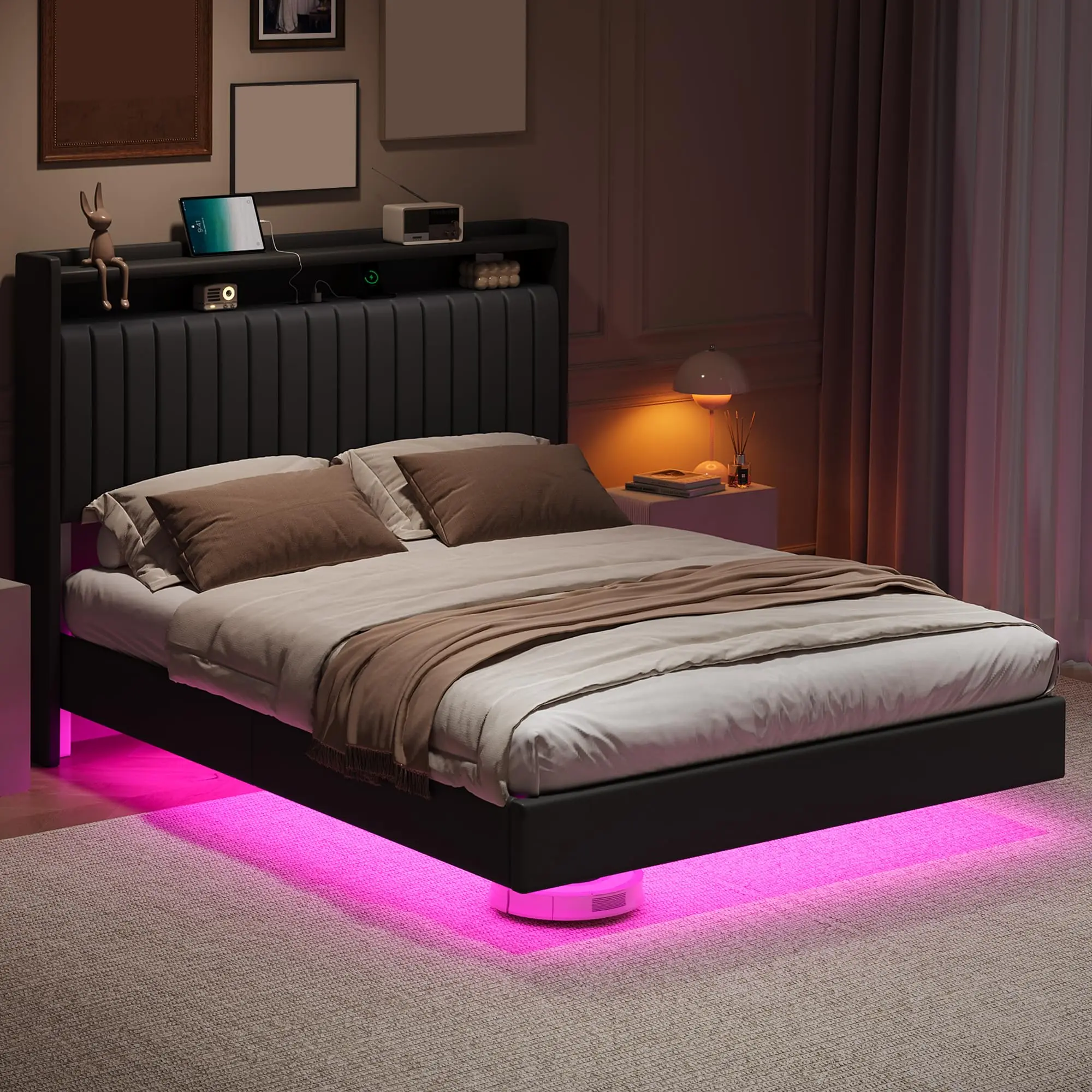 Queen Size Floating Bed Frame with Upholstered Platform, Storage Headboard, LED & RGB Lighting, Charging Station, No Box Spring Needed, Available in Black and White