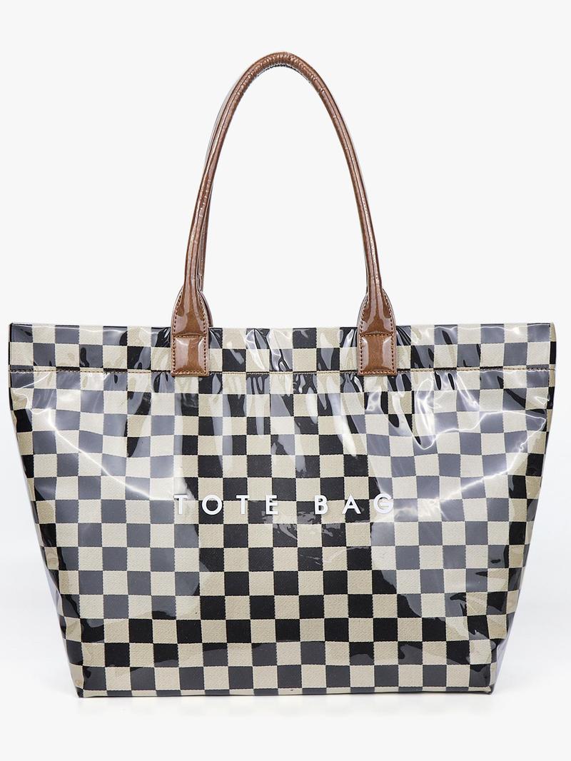 Checkerboard Pattern Stylish Tote Bag, Casual Versatile Handheld Bag, Minimalist Transparent Commute Large Capacity Bag for Women