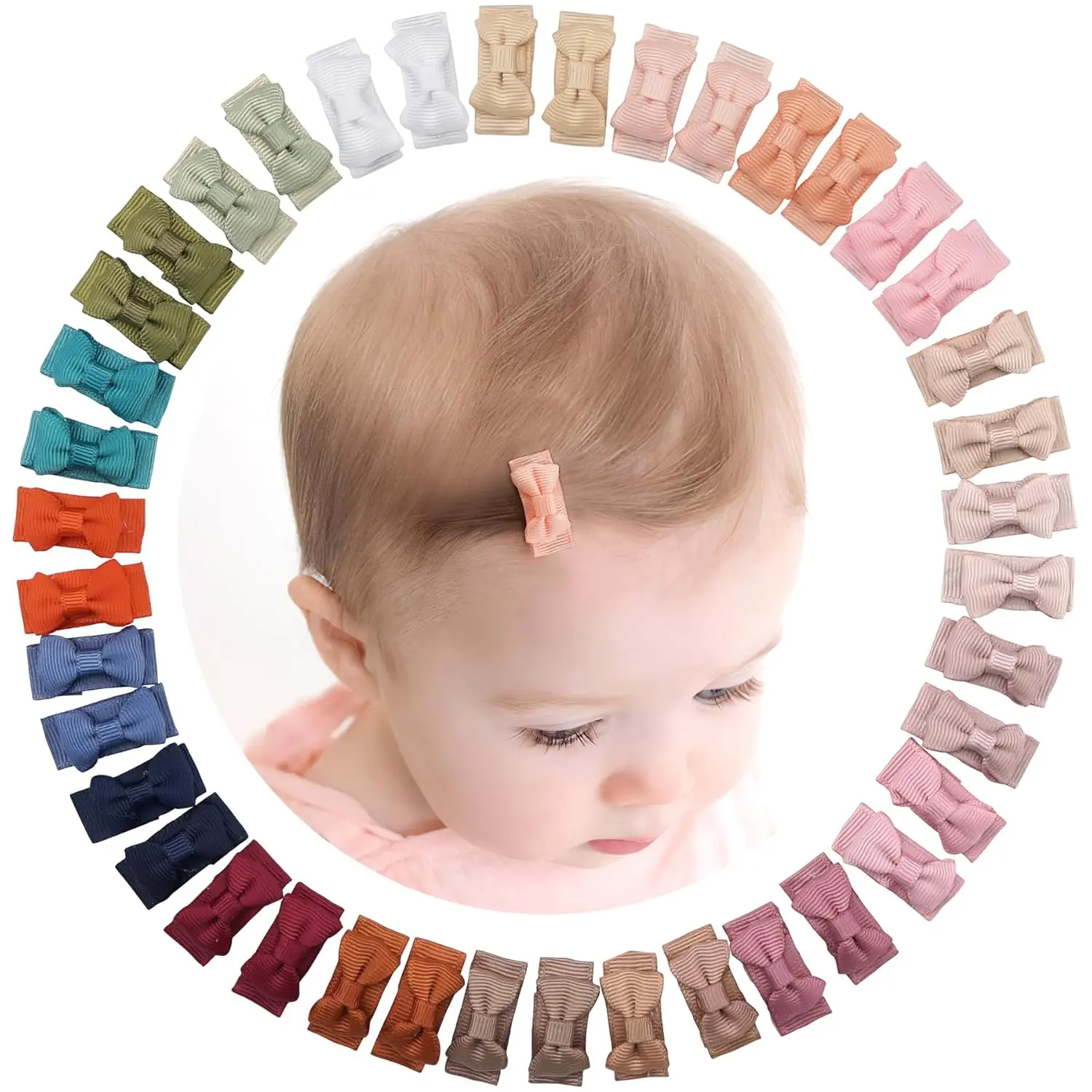 Mini Grosgrain Ribbon Hair Bows Accessory Set - 40-Piece 1.2-Inch Tiny Snap Clips (in Pairs) for Baby Girls with Fine Hair, Hair Accessory Set